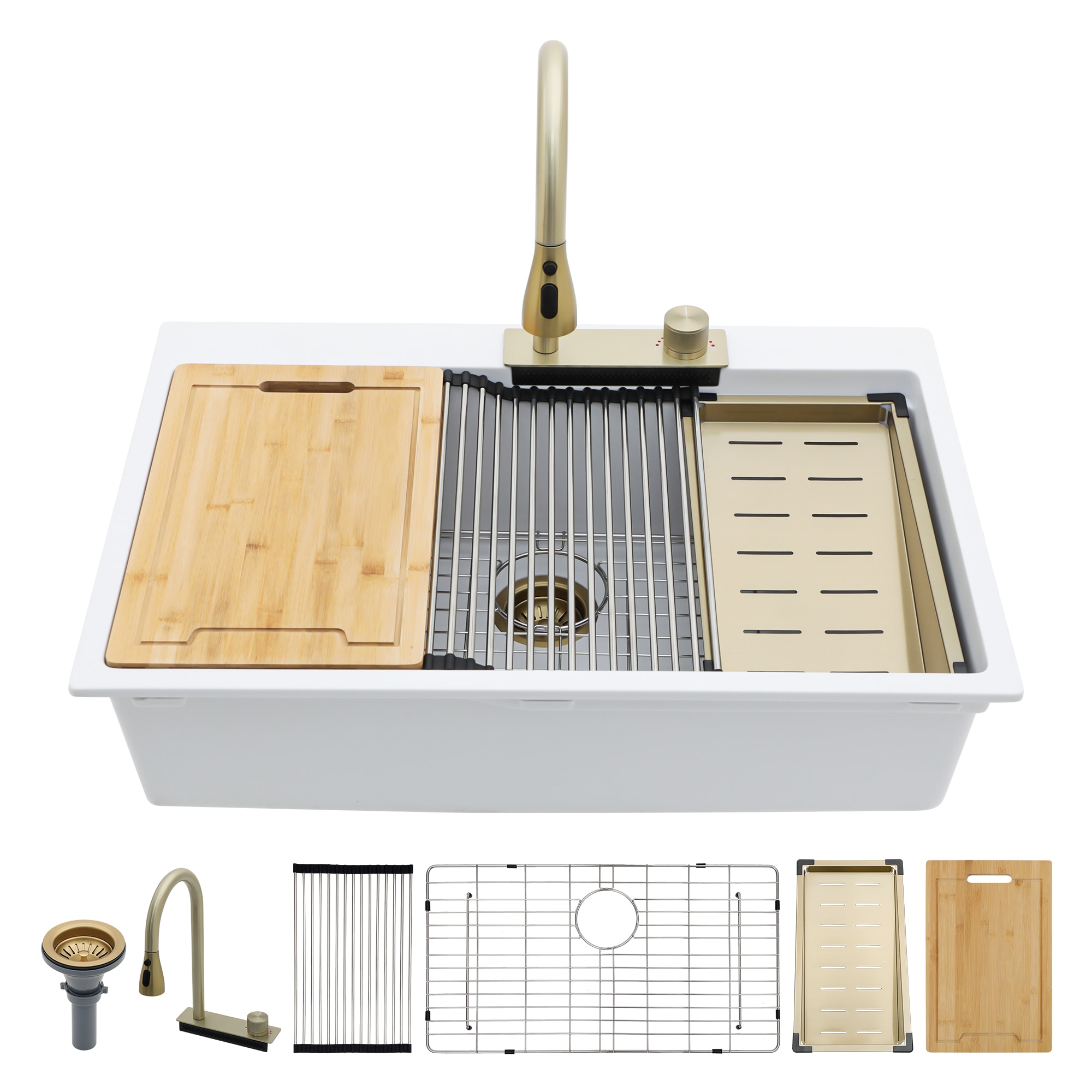KICHAE Drop-in 33-in x 22-in Quartz Single Bowl Workstation Kitchen Sink in White with Faucet