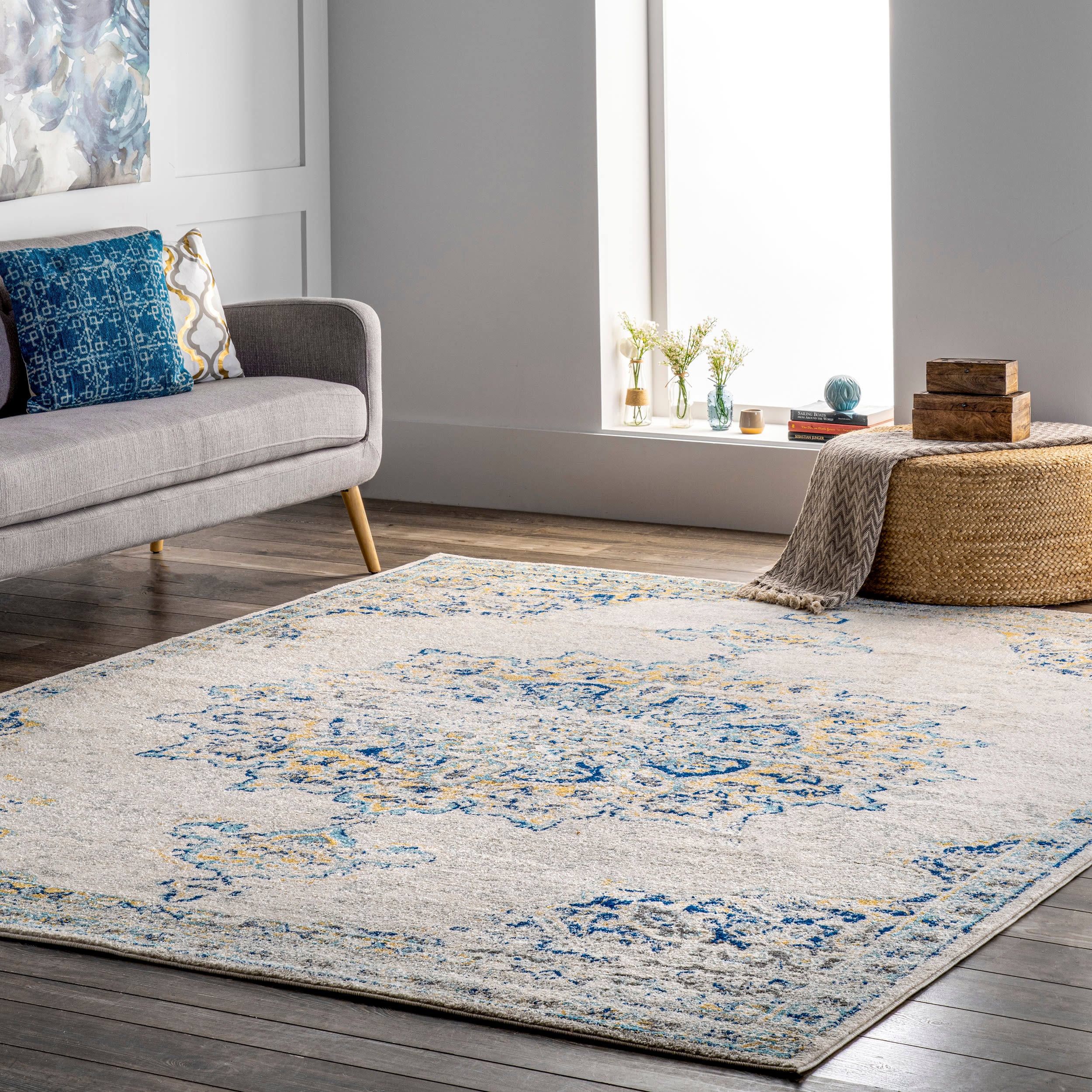 nuLOOM RZBD36A-5075 Sunny Wildflower 5 x 7 (ft) Polypropylene Blue Rectangular Indoor Distressed/Overdyed Oriental Area rug
