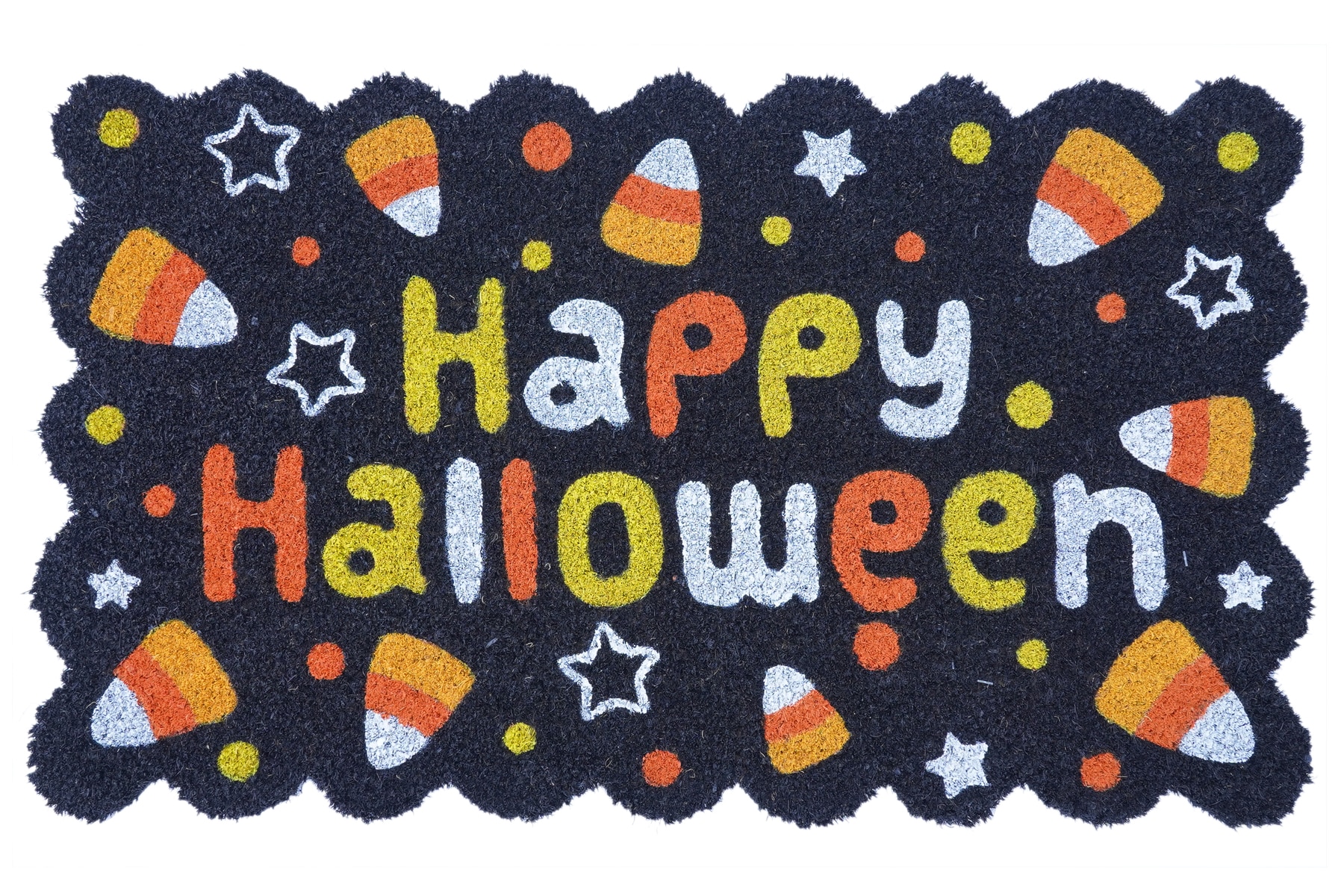 A black doormat with a yellow, white, and orange Halloween message and candy corn on it