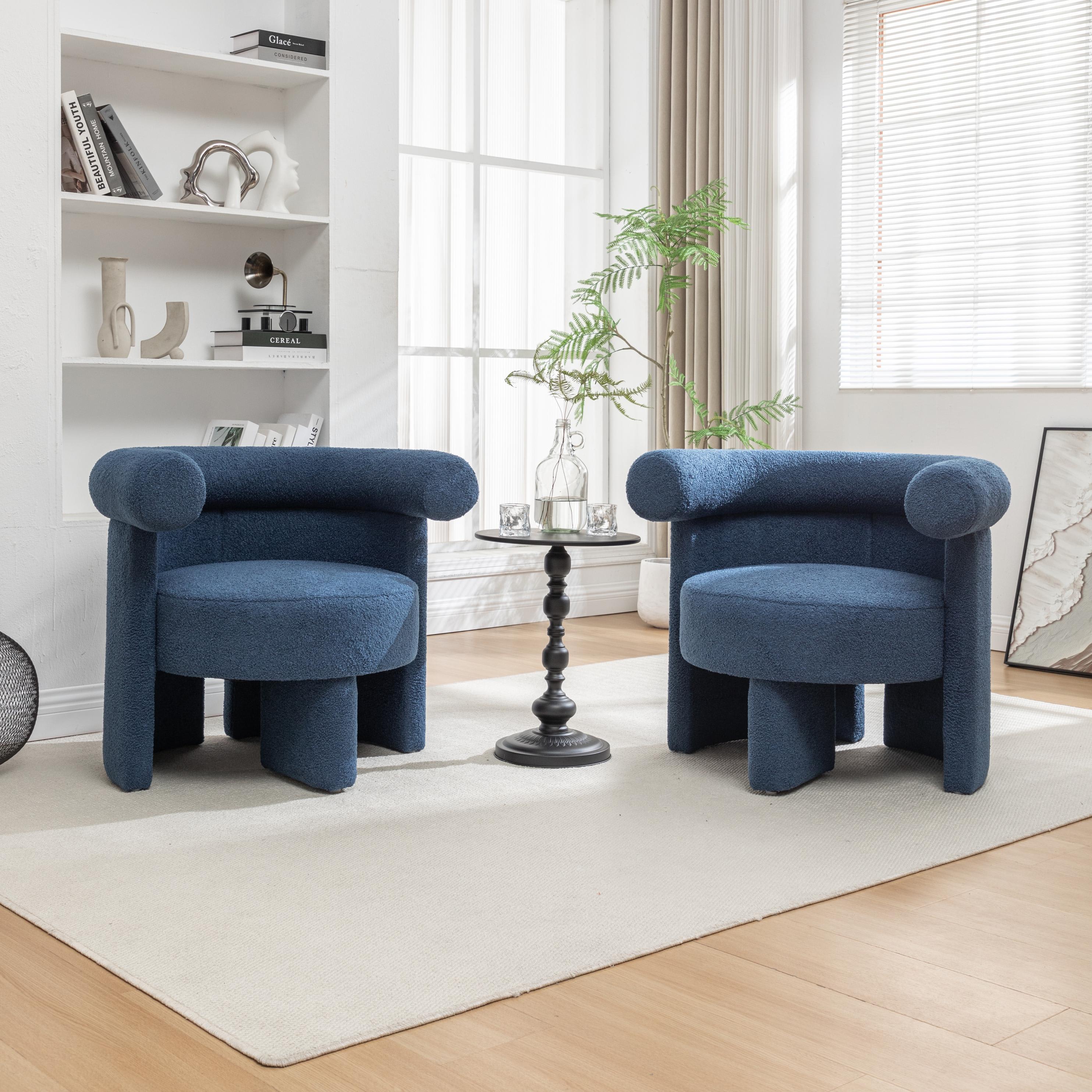 SEYNAR FJ756-NAVY-S2 Modern Glam Teddy Upholstered Round Accent Chair Set of 2