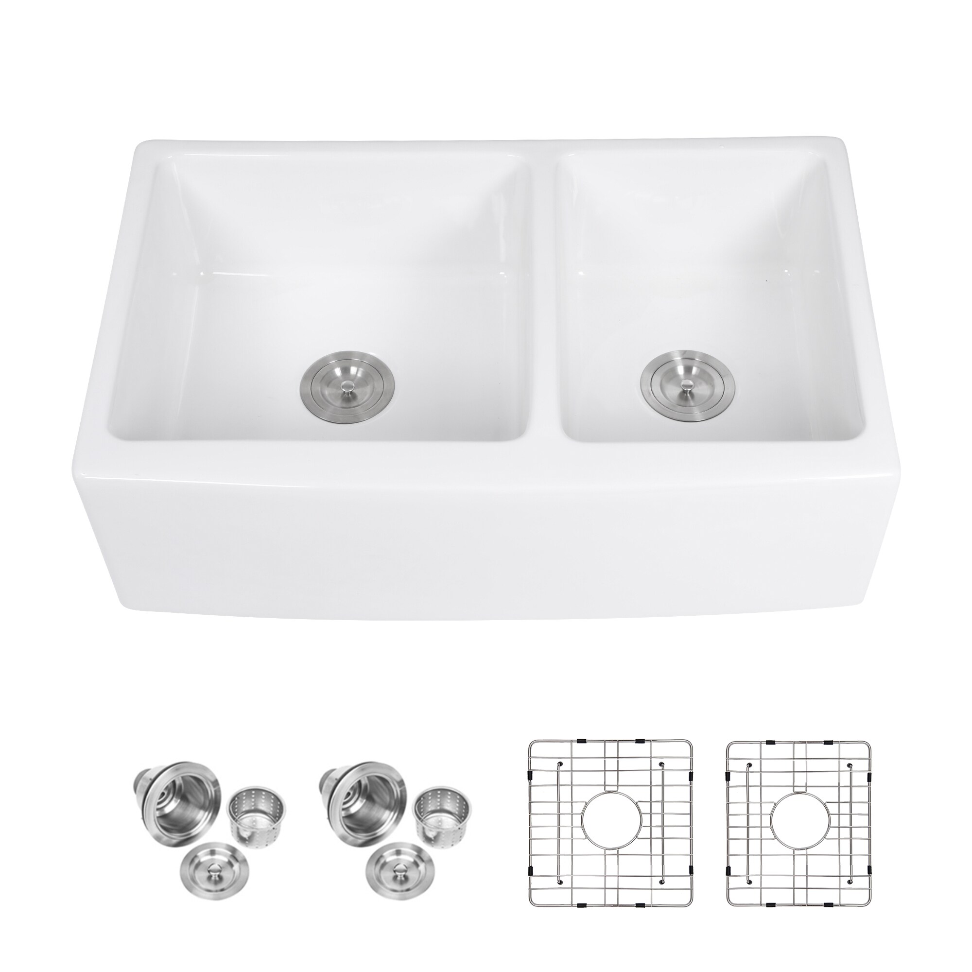 LIVIZA TLY-CM223038 White Ceramic Farmhouse apron front 33-in x 21-in Porcelain Double offset bowl Kitchen Sink