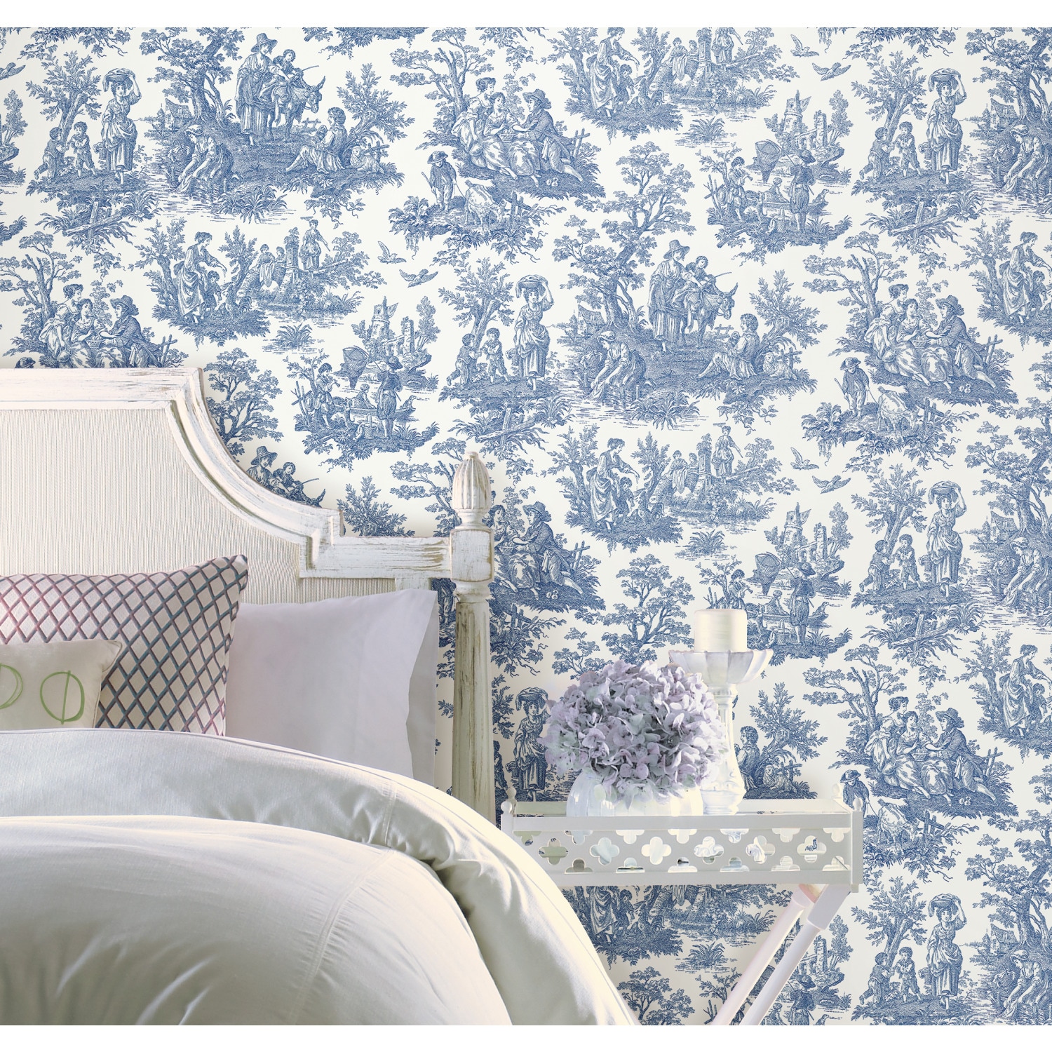 Blue and White Vinyl Peel & Stick Toile Wallpaper Roll
