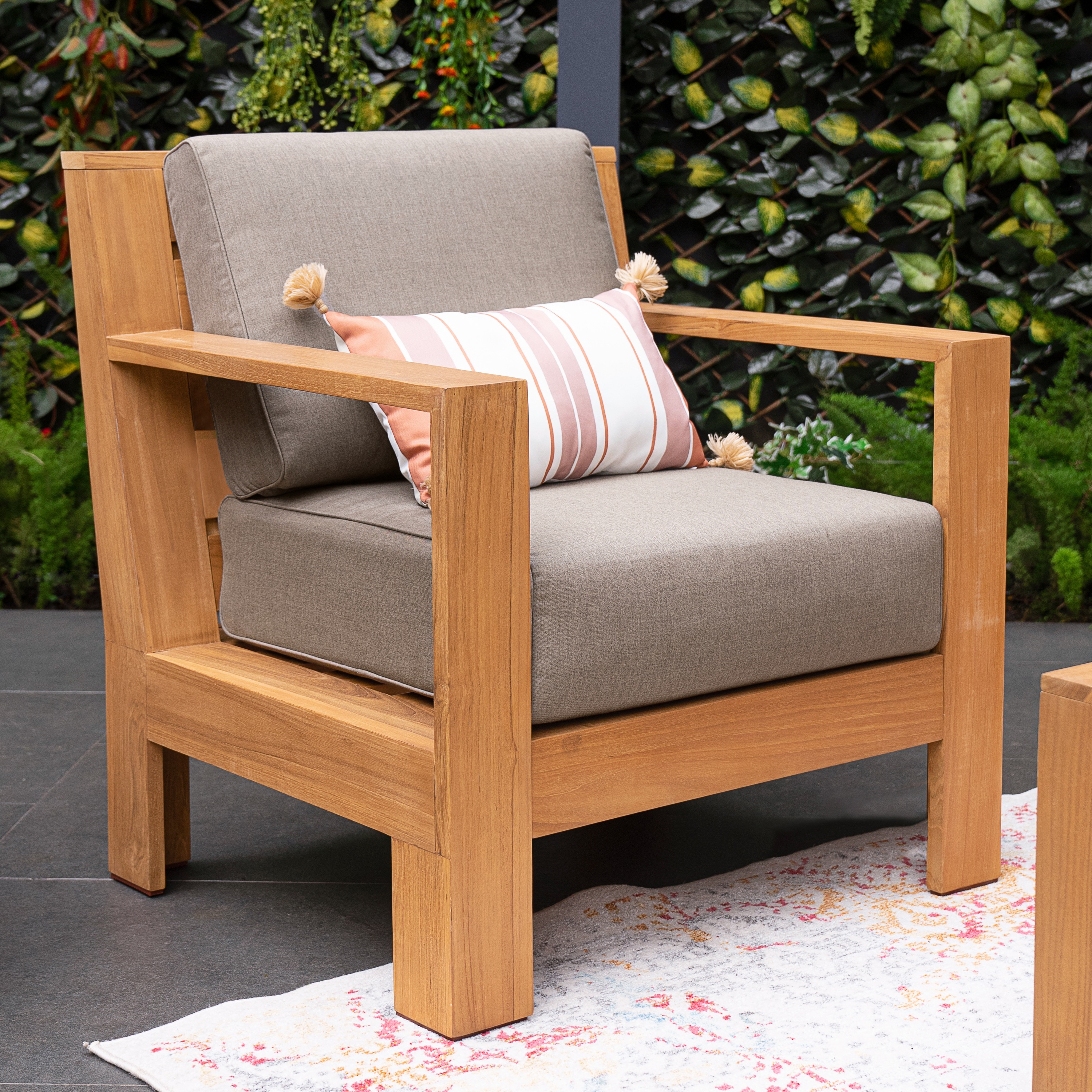 Cambridge Casual 121406-TW-XX-CS-XX Logan Natural Teak Wood Frame Stationary Conversation Chair with Brown Sunbrella Cushioned Seat