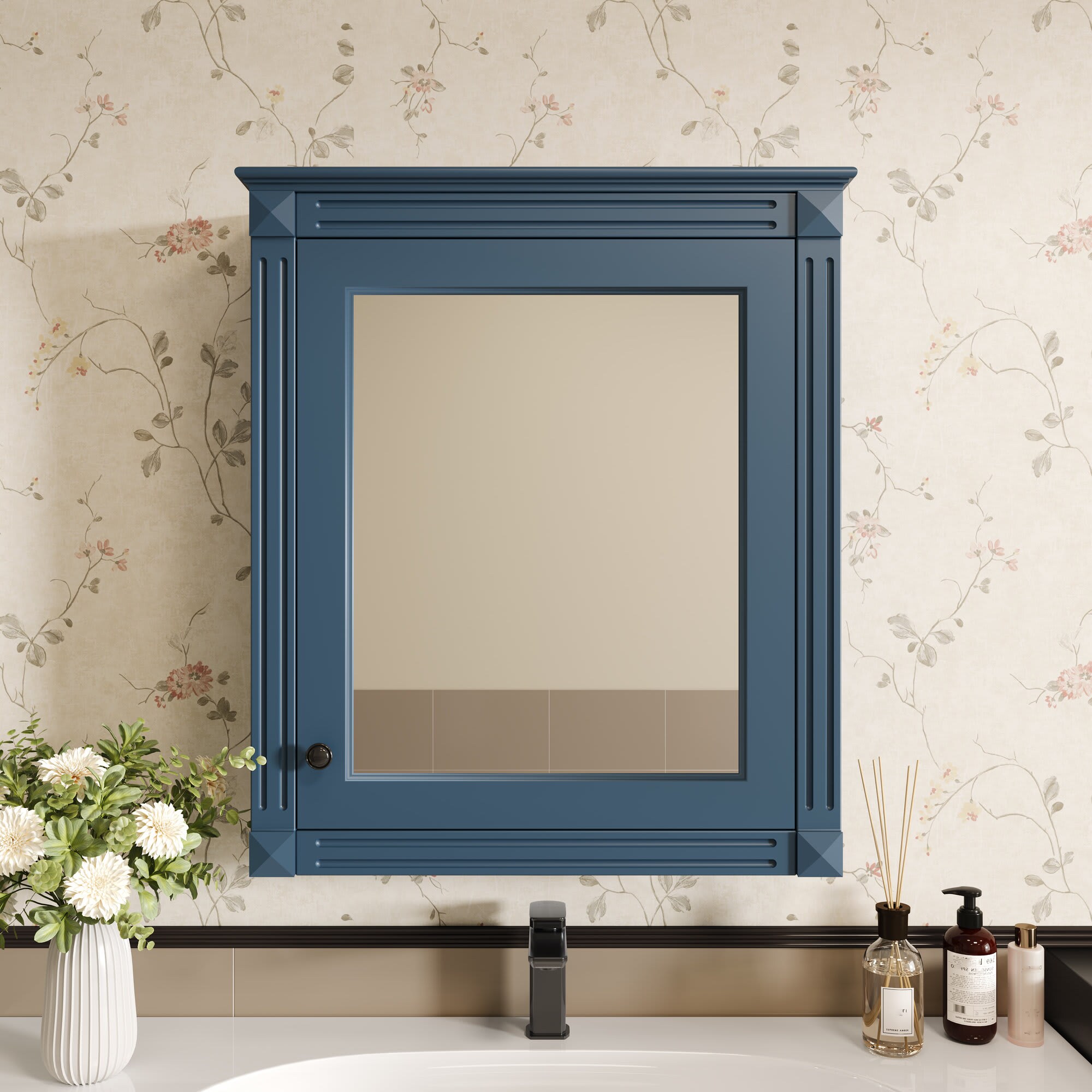 Etokfoks  24 x 27 Wall Mounted Bathroom Storage Cabinet with Mirror Adjustable Shelves Over Toilet Medicine Cabinet Blue MDF Modern