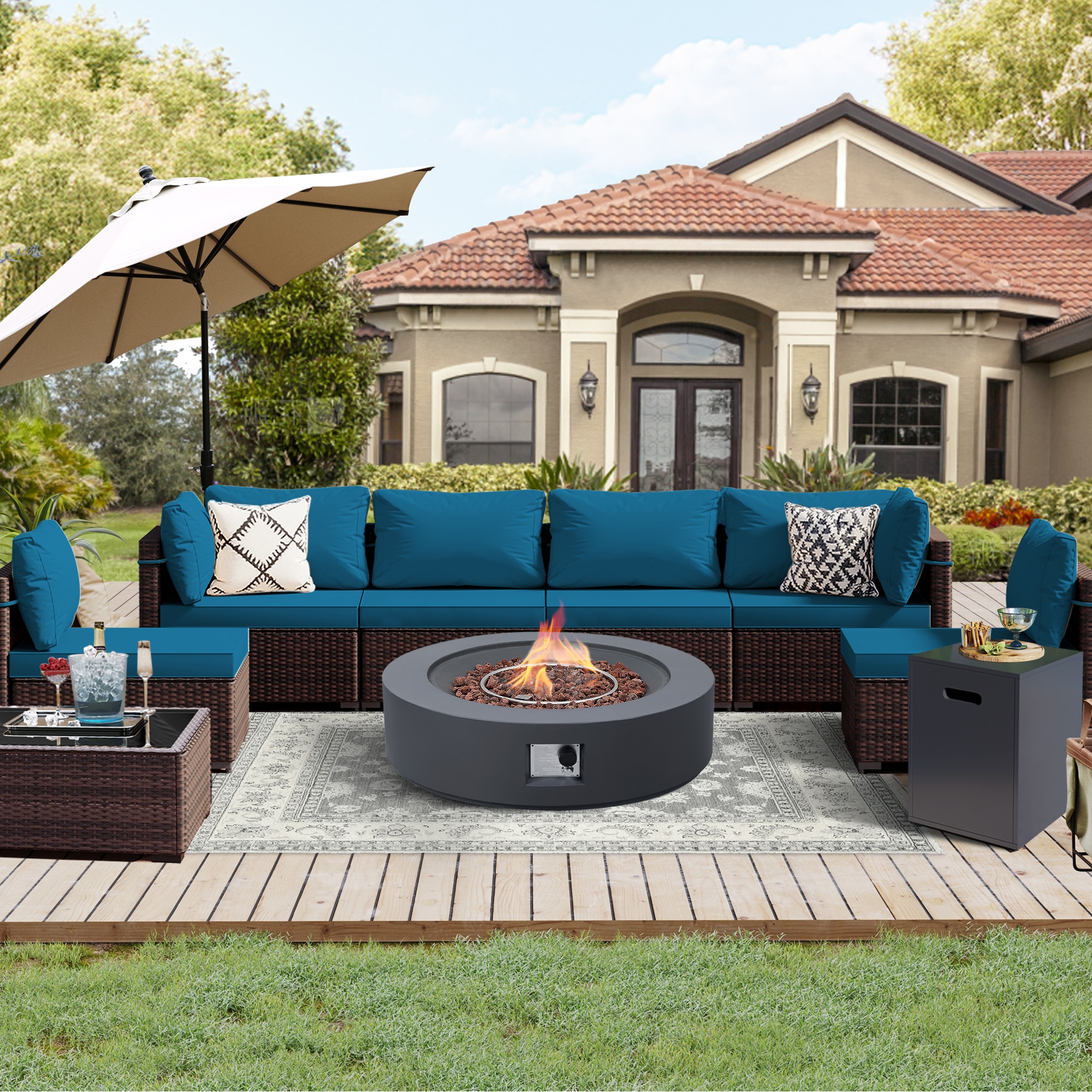 UPHA PL-2CZ-42TPDK-Z3 Brown Wicker Patio Furniture Set 9 -Piece Wicker 4 Patio Sofa Conversation Set with Blue Cushions