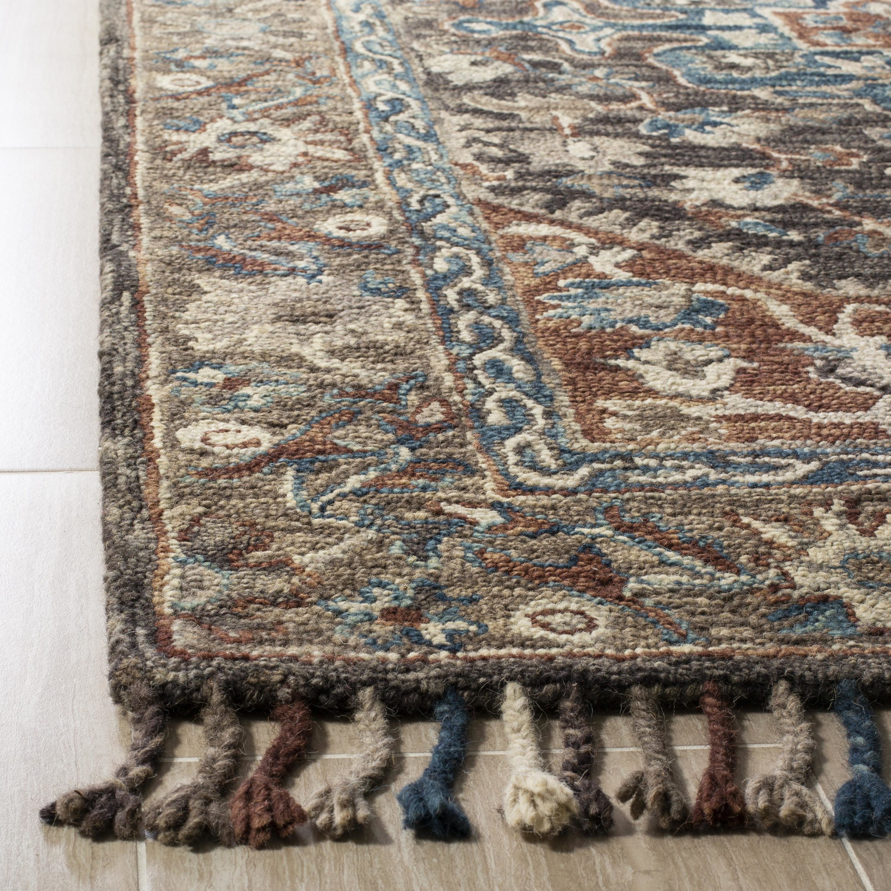 Aspen Blue and Charcoal Wool Floral Runner Rug