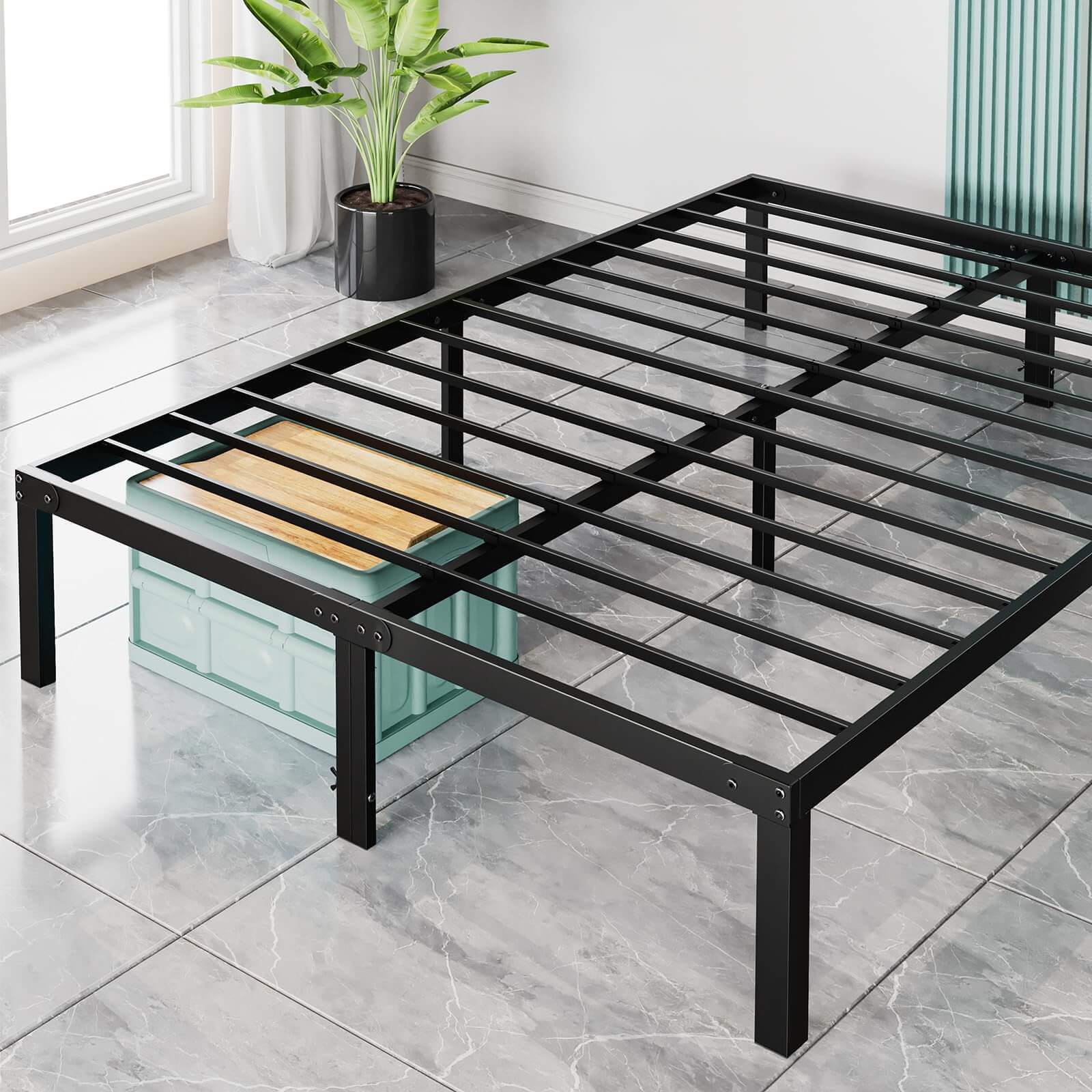 Queen Black Metal Platform Bed Frame with Slats