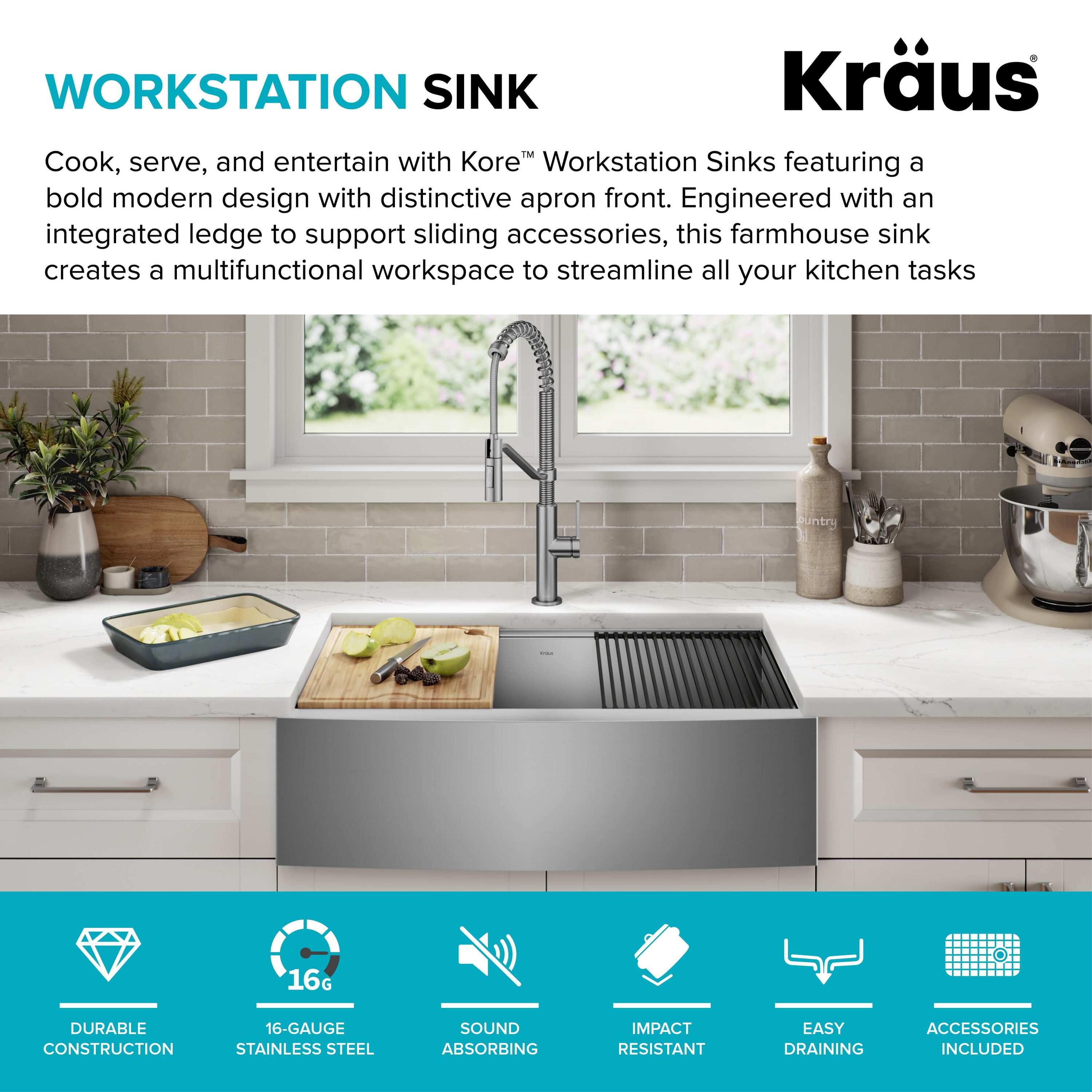 Kraus KWF210-33/PGM Kore Workstation 33 inch Farmhouse Apron Front 16 Gauge Stainless Steel Single Bowl Kitchen Sink in PVD, Gunmetal