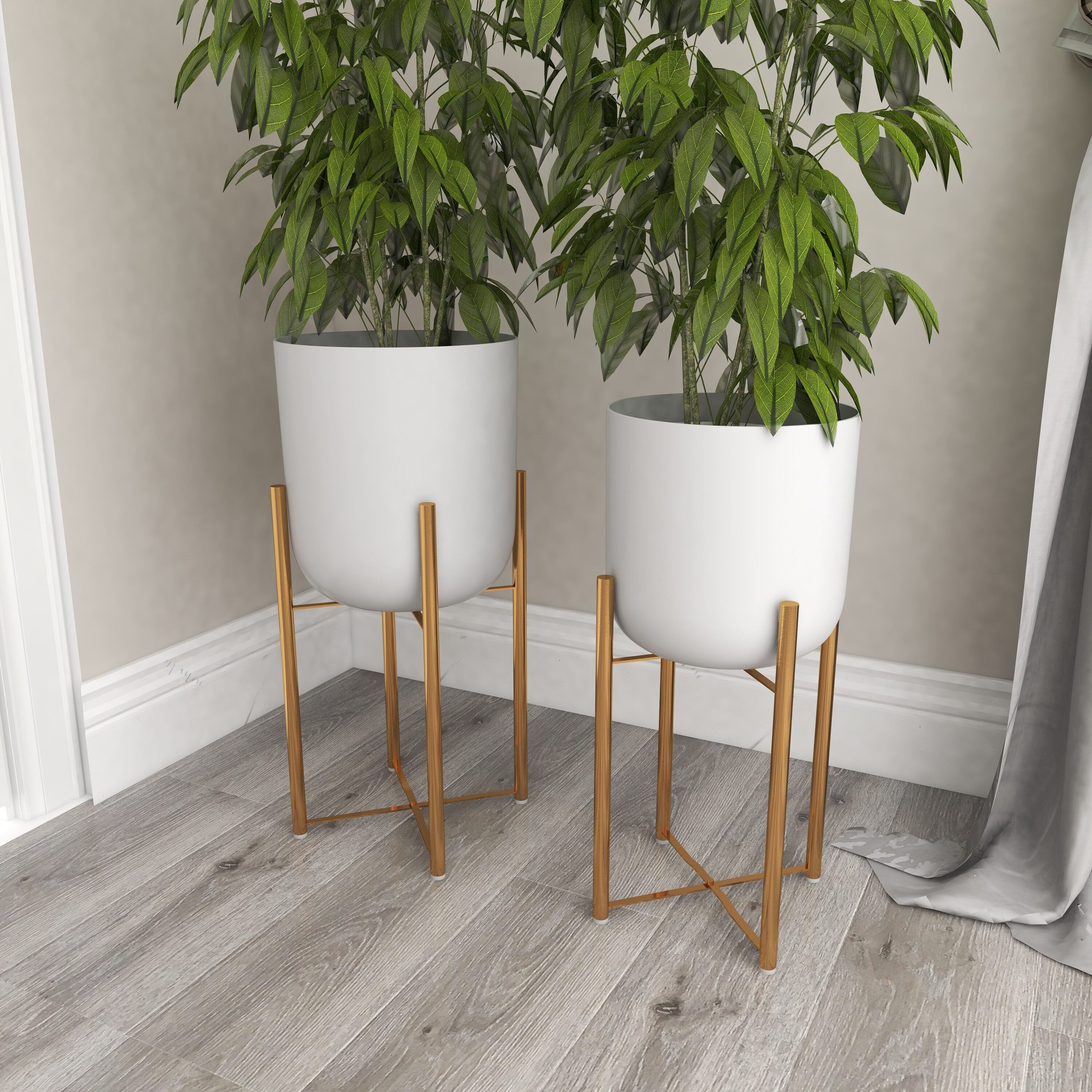 White Metal Dome Planters with Gold Stands, Set of 2