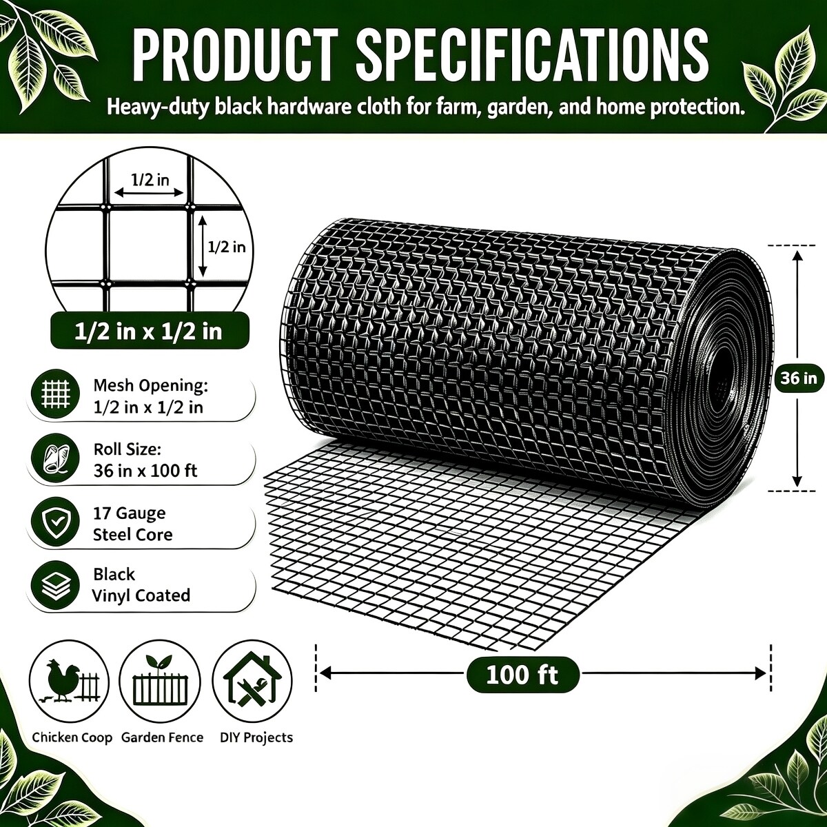 KEOKLE Welded Wire Mesh 36 in x 100 ft Black Metal Mesh Fencing Roll ...
