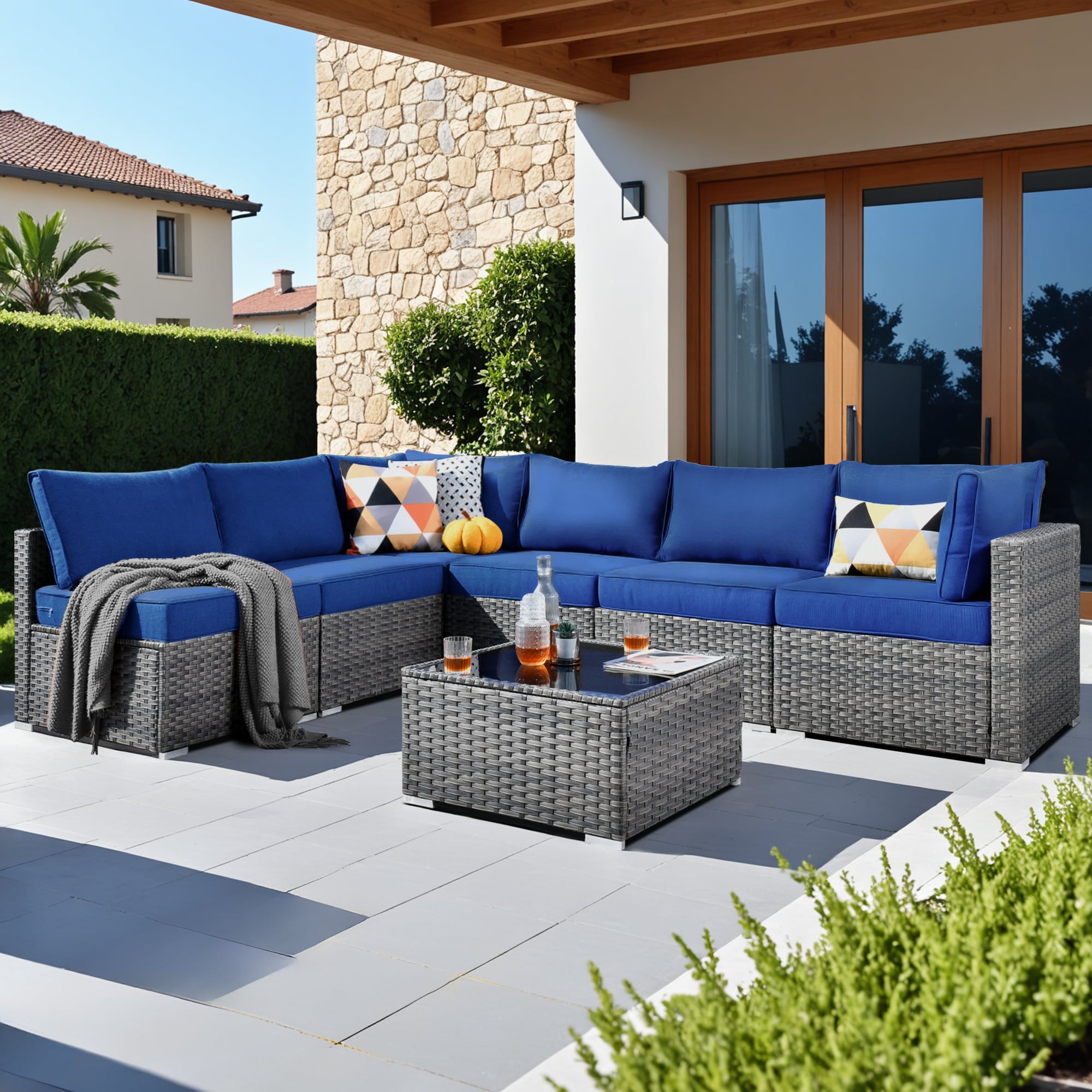weaxty HMBHOP707 Kuuga Outdoor Sectional with Blue Cushions and Steel Frame