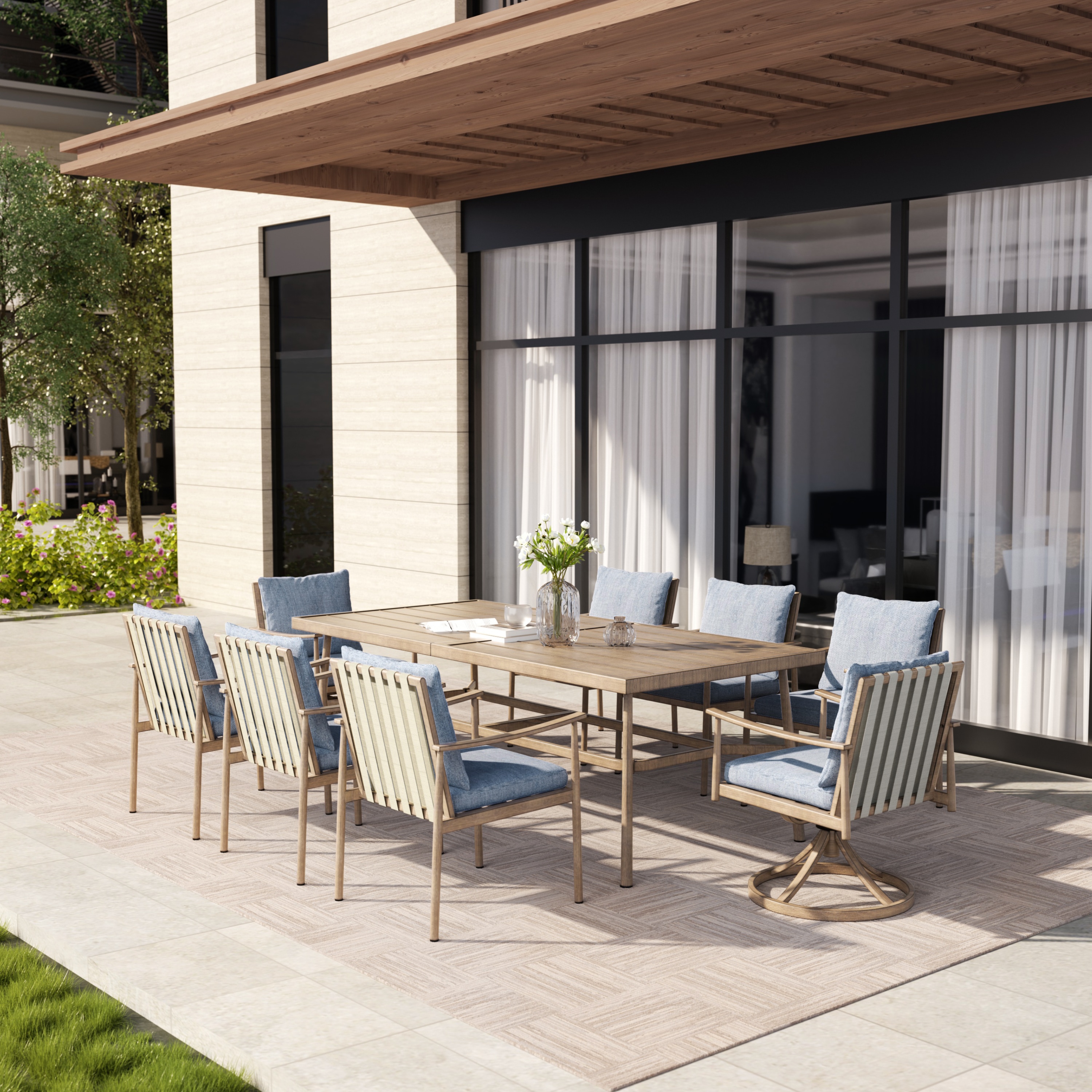  EL-CZ9-ZL-B3-WL3 9 -Piece Beige Patio Dining Set Aluminum Rectangle Table with 8 Blue Cushions Swivel Chairs