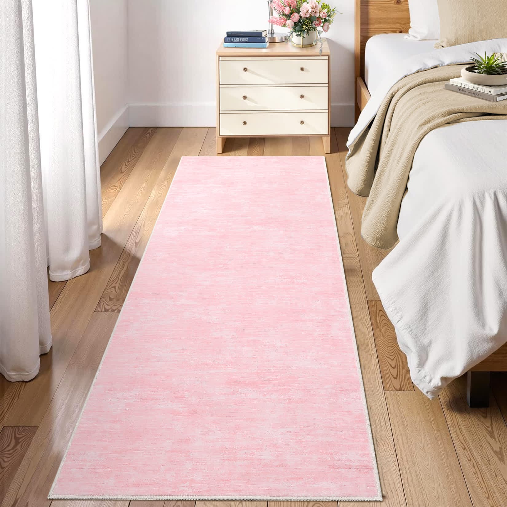 Qeetex SUNNY-PHO-16OWCK90 2 x 8 ft Polyester Pink Rectangular Kitchen Hallway Laundry Bathroom Solid Modern Machine Washable Runner Rug