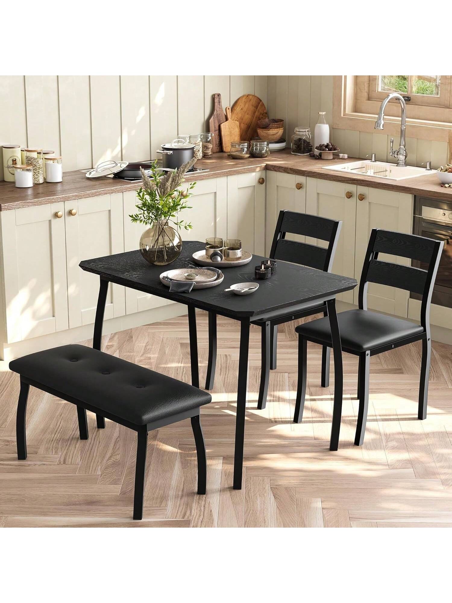 Qeetex BY-PHK-33WU4ECQ Home Dining Table Set For 4 Wooden Kitchen Table With Upholstered Bench and 2 Cushion Chairs Space Saving Dinette Set For Studio Kitchen Dining Room Apartment 43x28x30inch