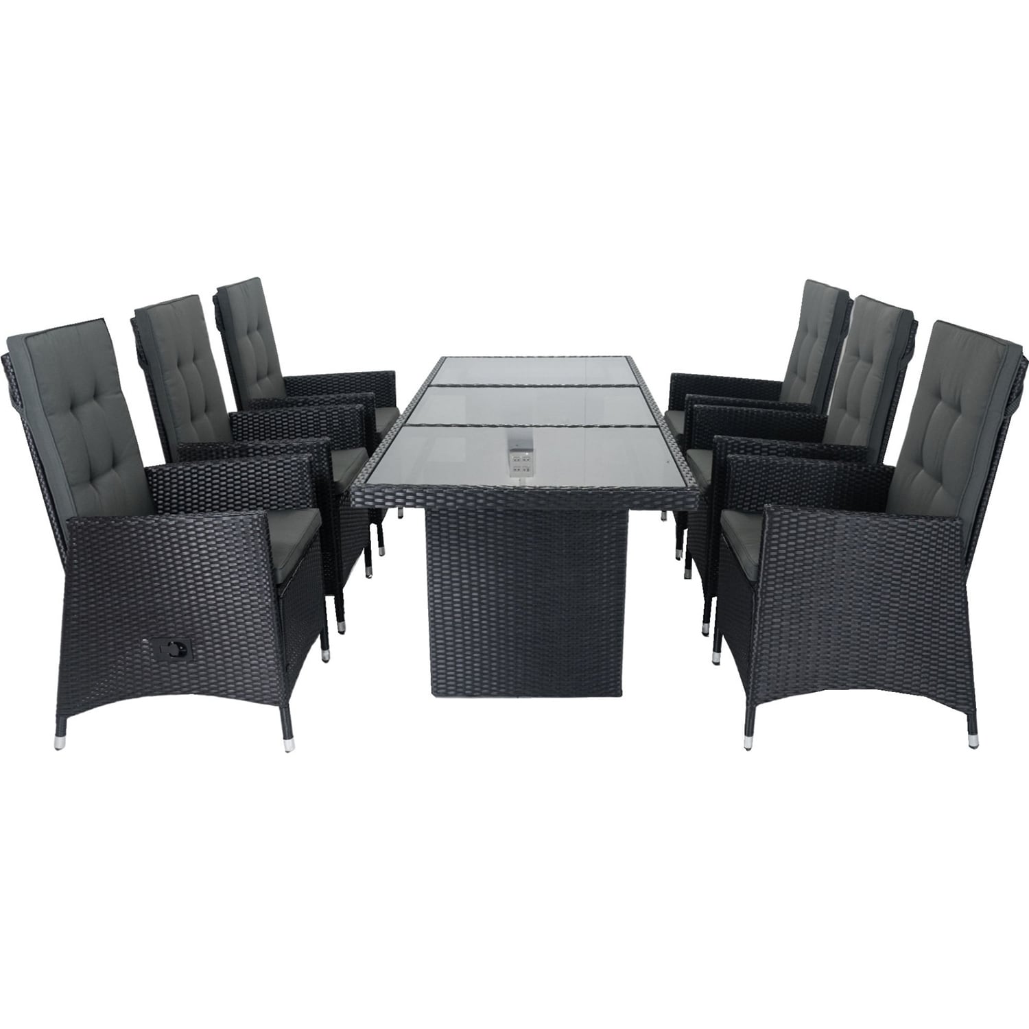Bybafun YA0200045 7 -Piece Black Wicker Patio Dining Set Wicker Rectangle Table with 6 Gray Cushions Stationary Chairs