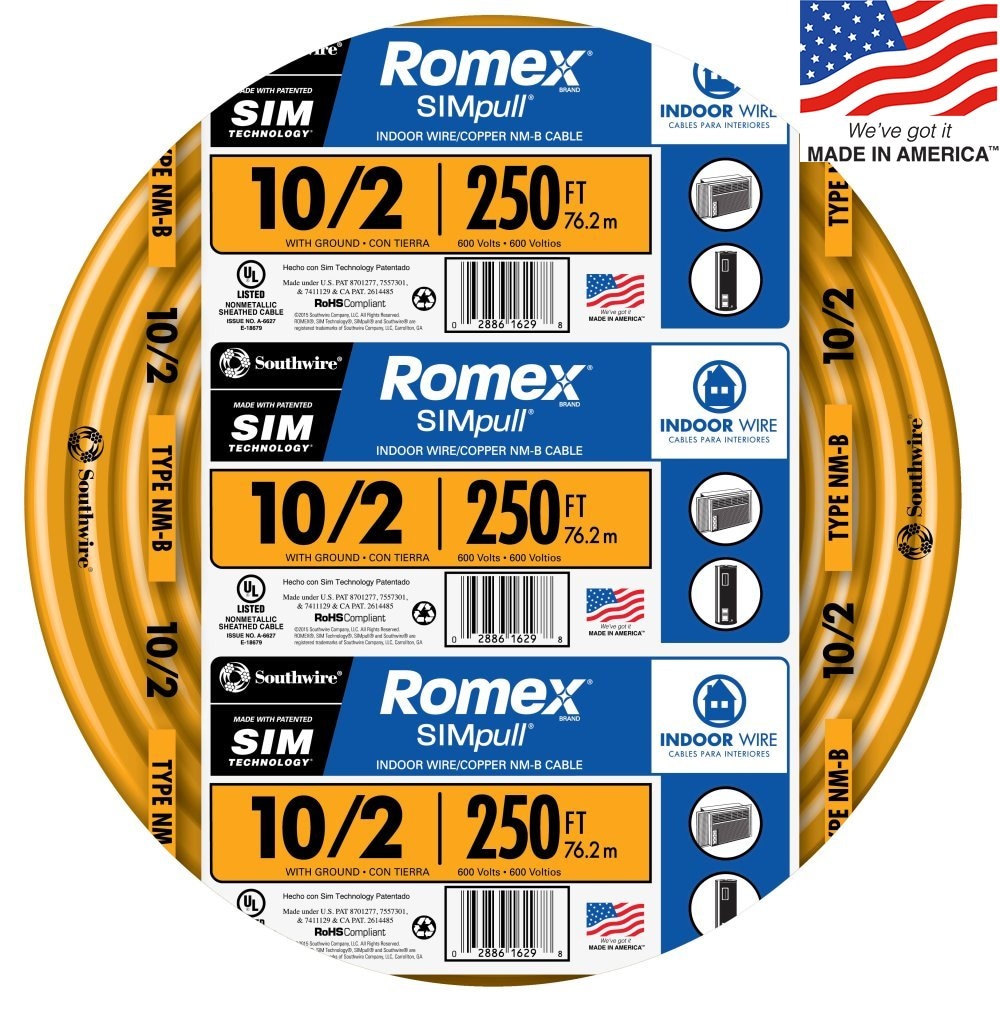 Southwire 28829055 250-ft 10 / 2 / Romex SIMpull Solid Indoor CU NM-B W/G Individual pack ( By-the-roll )