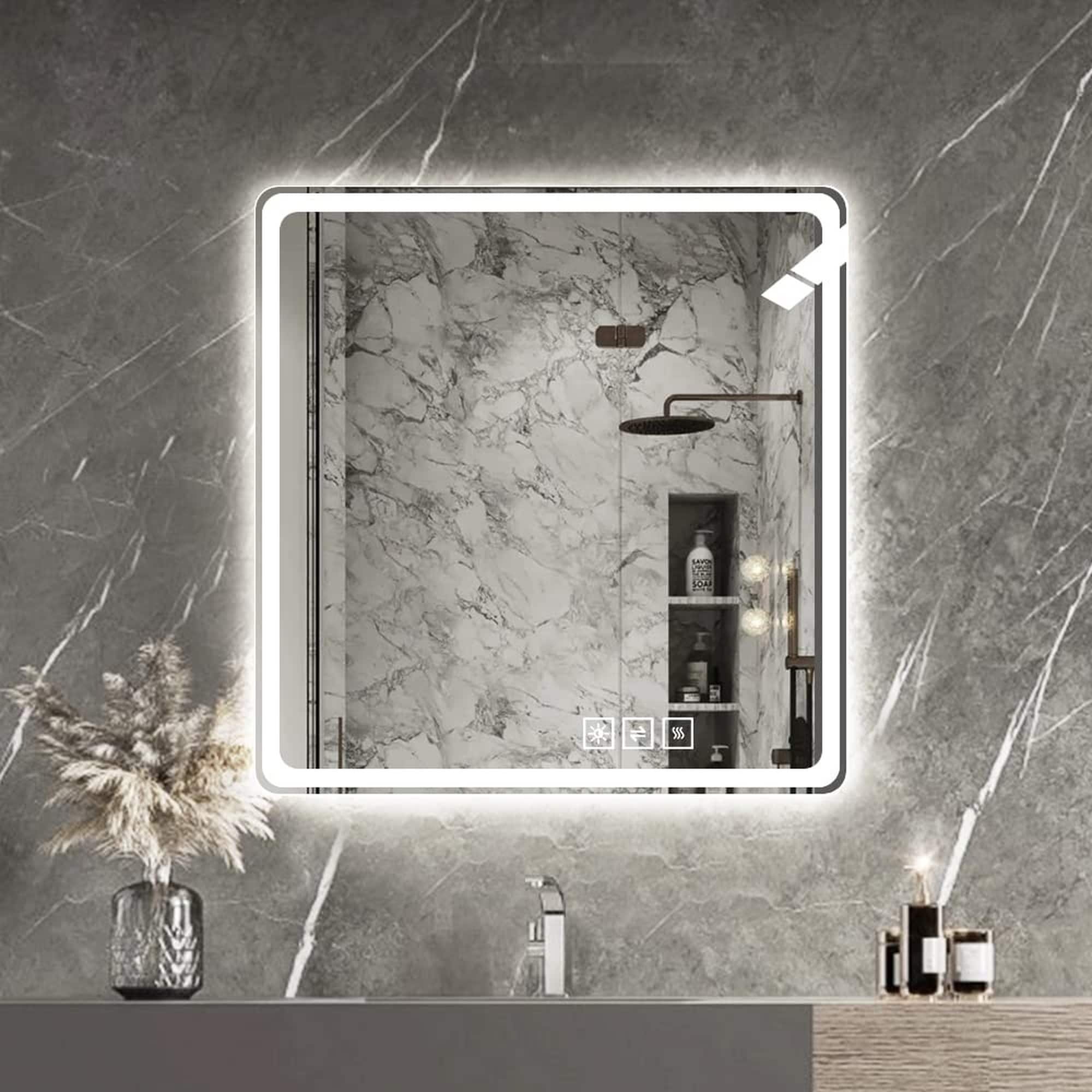 IAK 36 inch x 36 inch Silver Copper-Free Glass LED Bathroom Mirror with Front Lights and Anti-Fog Wall Mounted Frameless Make Up Mirror