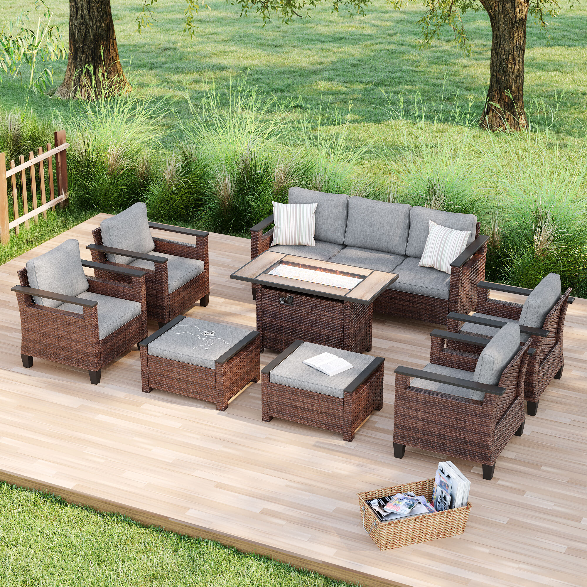 ACEGOSES LW-126BLY-S2T5 Skytop 8 -Piece Wicker Patio Sofa Conversation Set with Gray Cushions