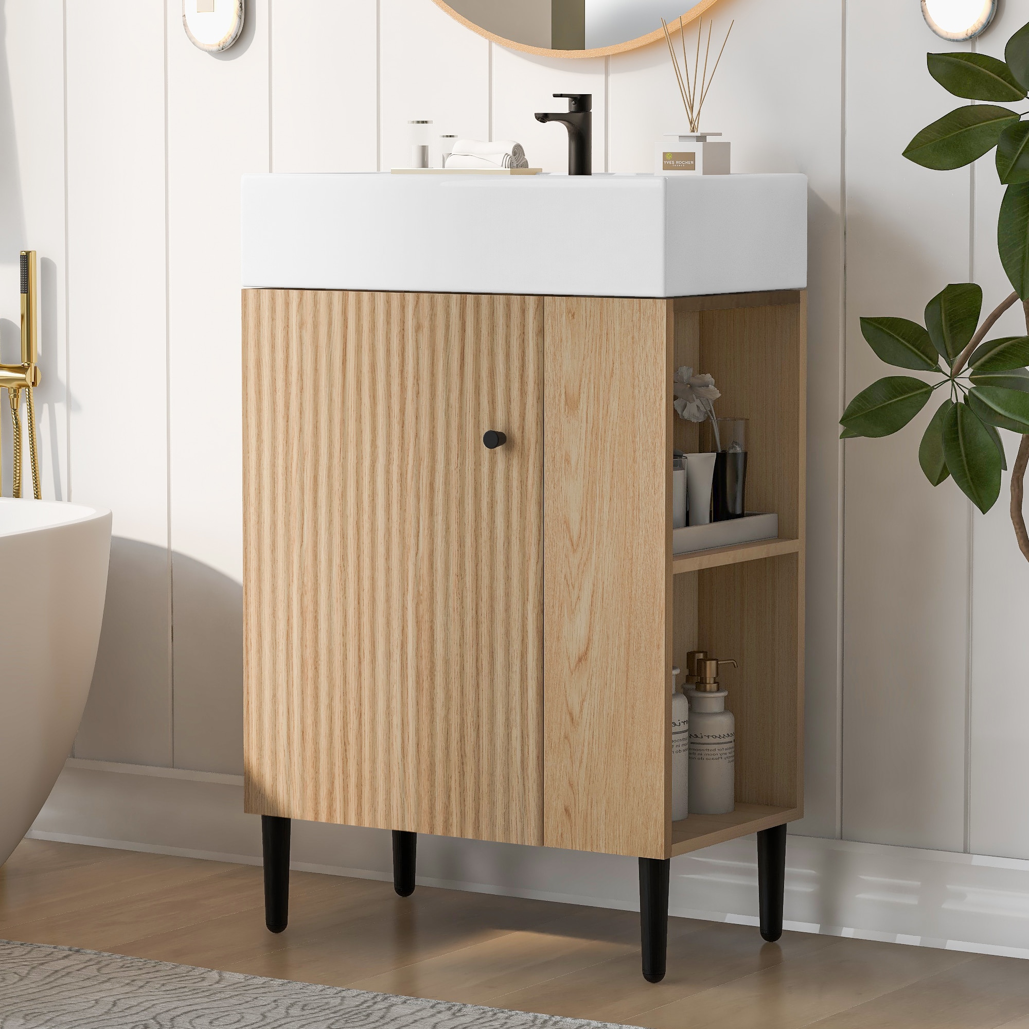 Afhocomp 20 in. Single Sink Freestanding Wood Bath Vanity with White Integral Ceramic Basin