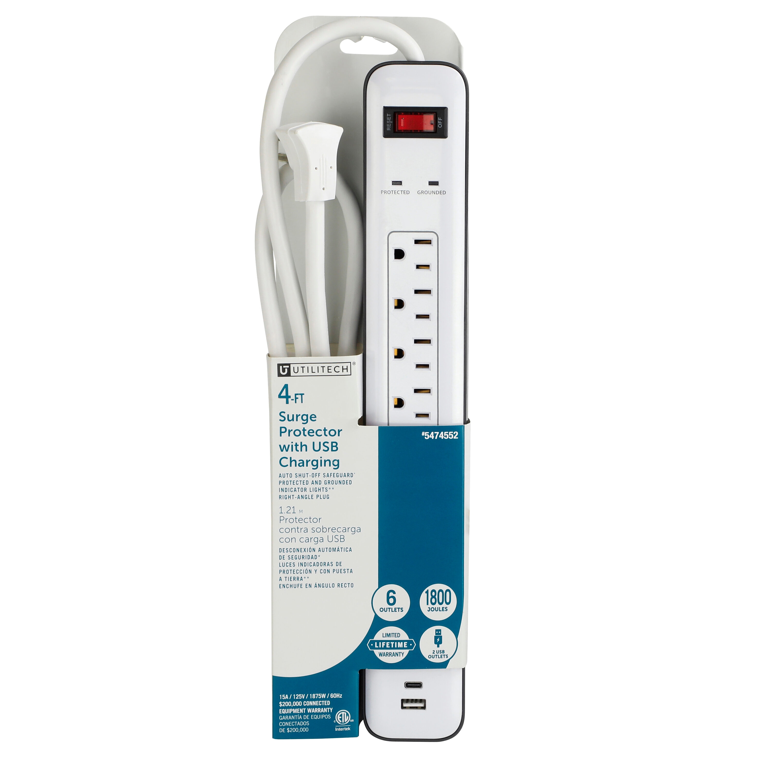 Utilitech UTPBUC5106 4-ft Surge Protection 6 -Outlet 1800 Joules 1875 -Watts 1100VA White Indoor USB AC Surge Protector