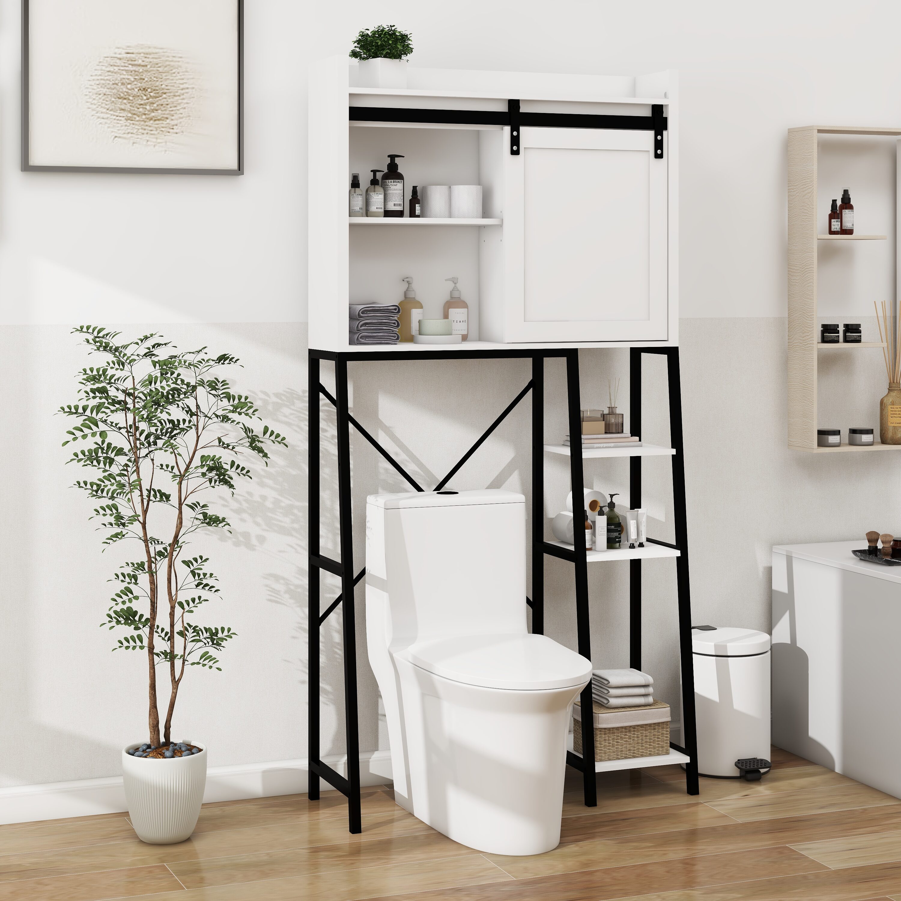 LUXEYARD Over The Toilet Storage Cabinet Bathroom Shelves Over Toilet with Sliding Barn Door Adjustable Shelves and Side Storage Rack-White