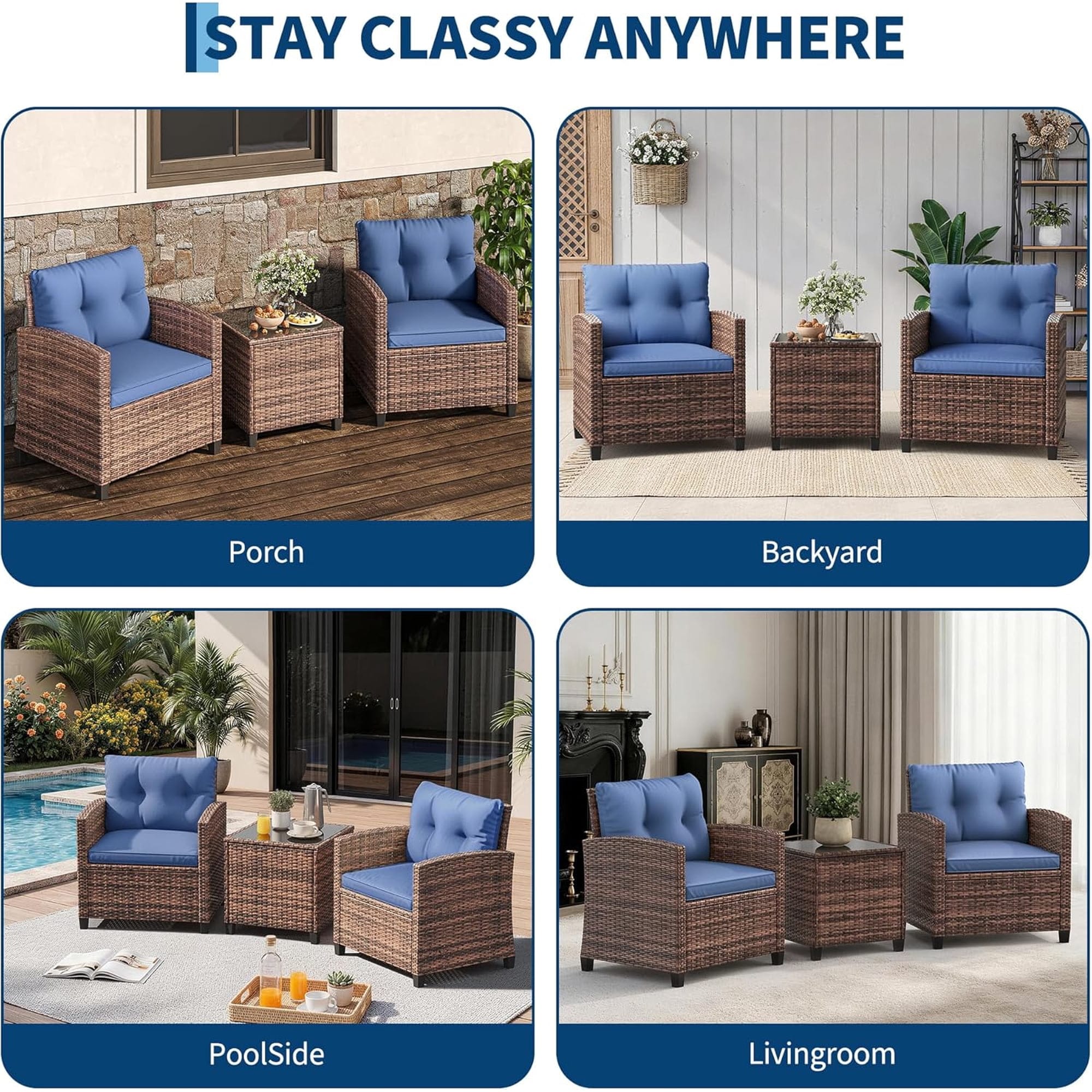Garvee 3-Piece Rattan Wicker Chair Set- Hand Woven PE Rattan- Indoor ...