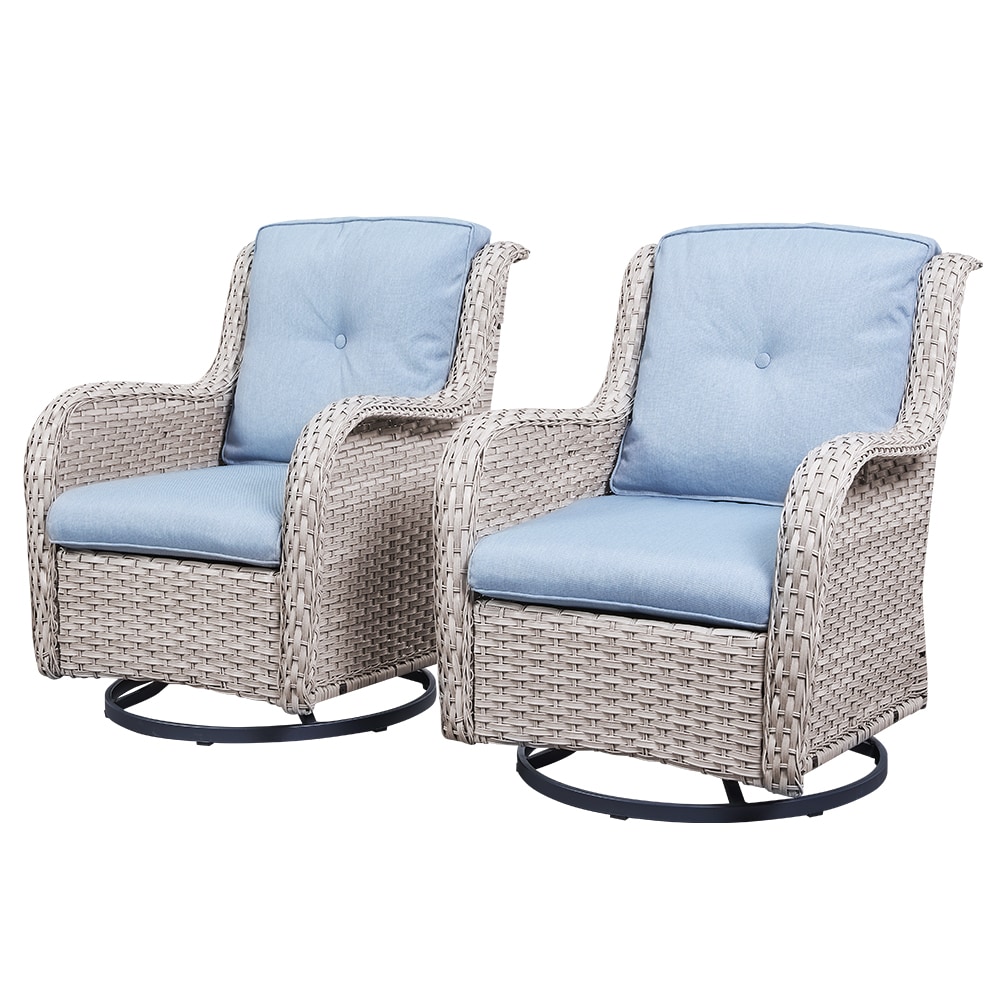 Pocassy PJ071-1 Set of 2 Wicker Gray-White Steel Frame Swivel glider Conversation Chair with Blue Solid Seat
