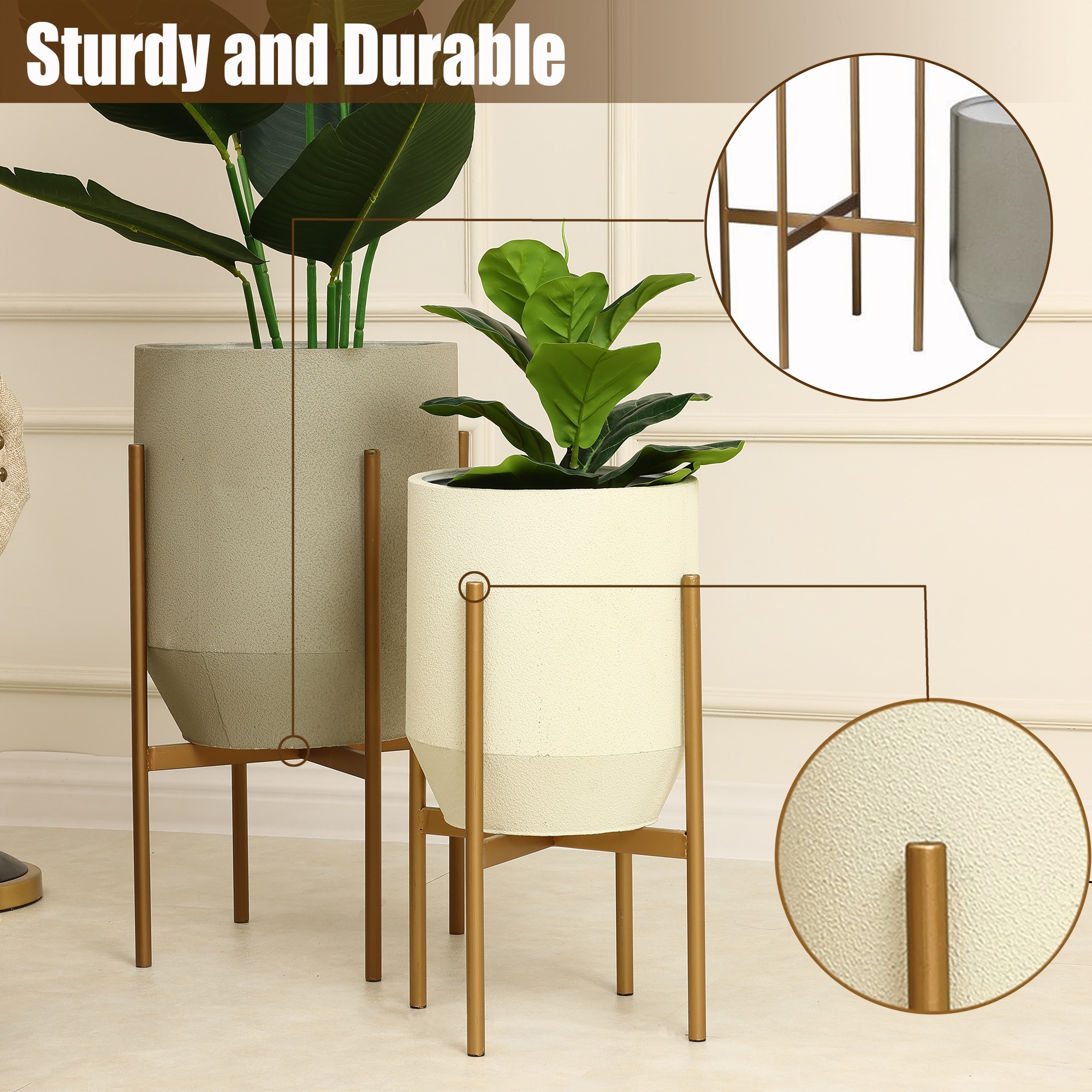 Set of 2 Gray and Off White Metal Planters with Gold Stand