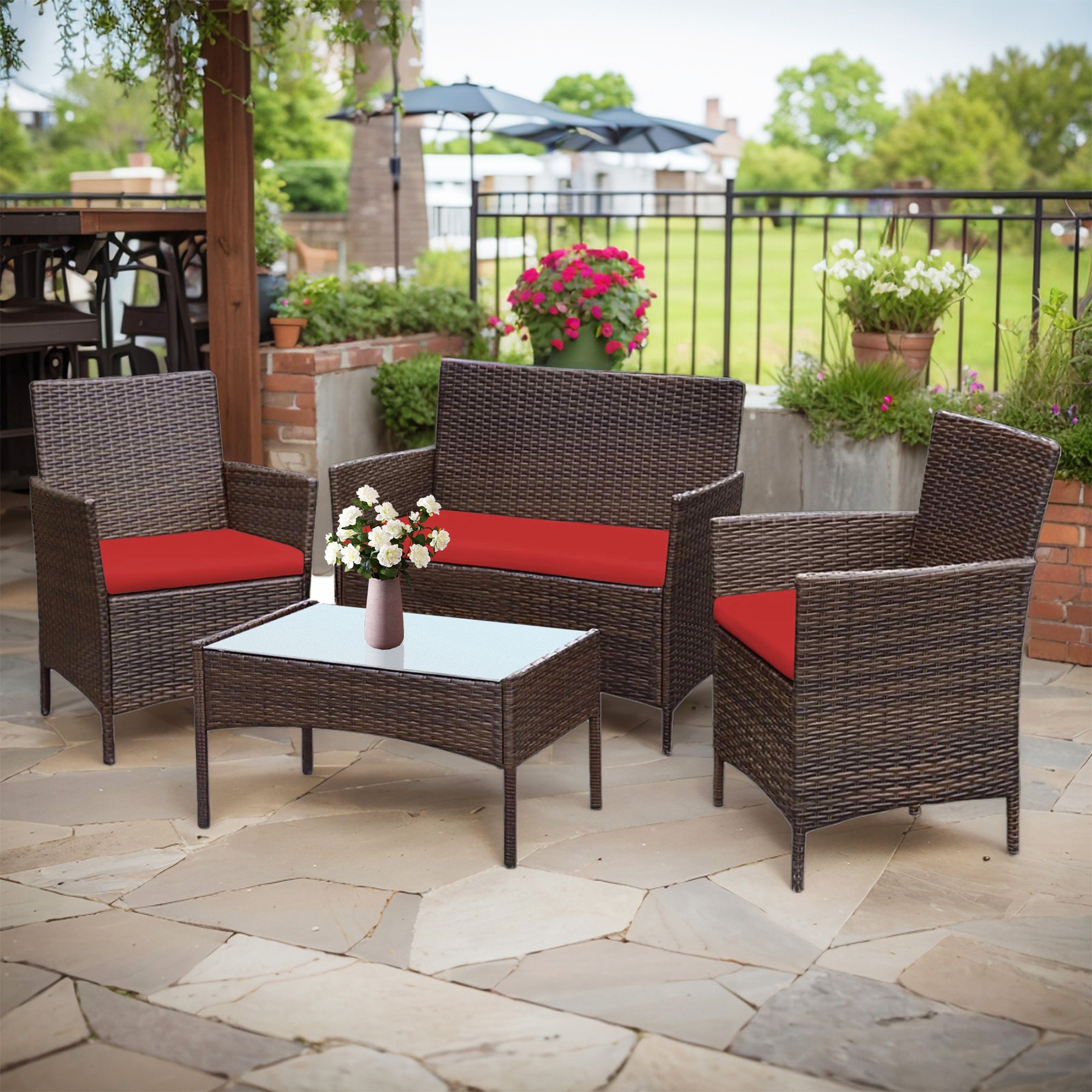 Grearden HZNF610-RD 4 -Piece Wicker Patio Conversation Set with Red Cushions