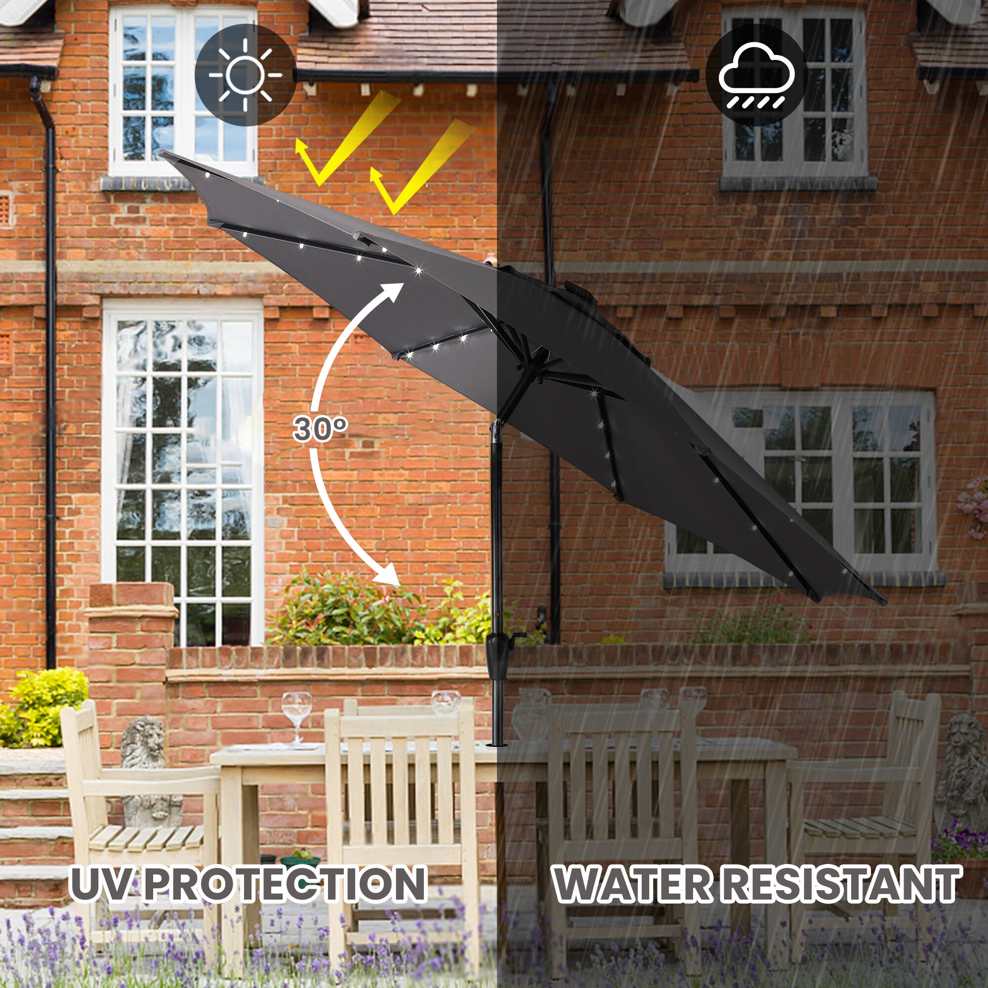Gray 9' Round Steel Patio Umbrella with Solar LED Lights