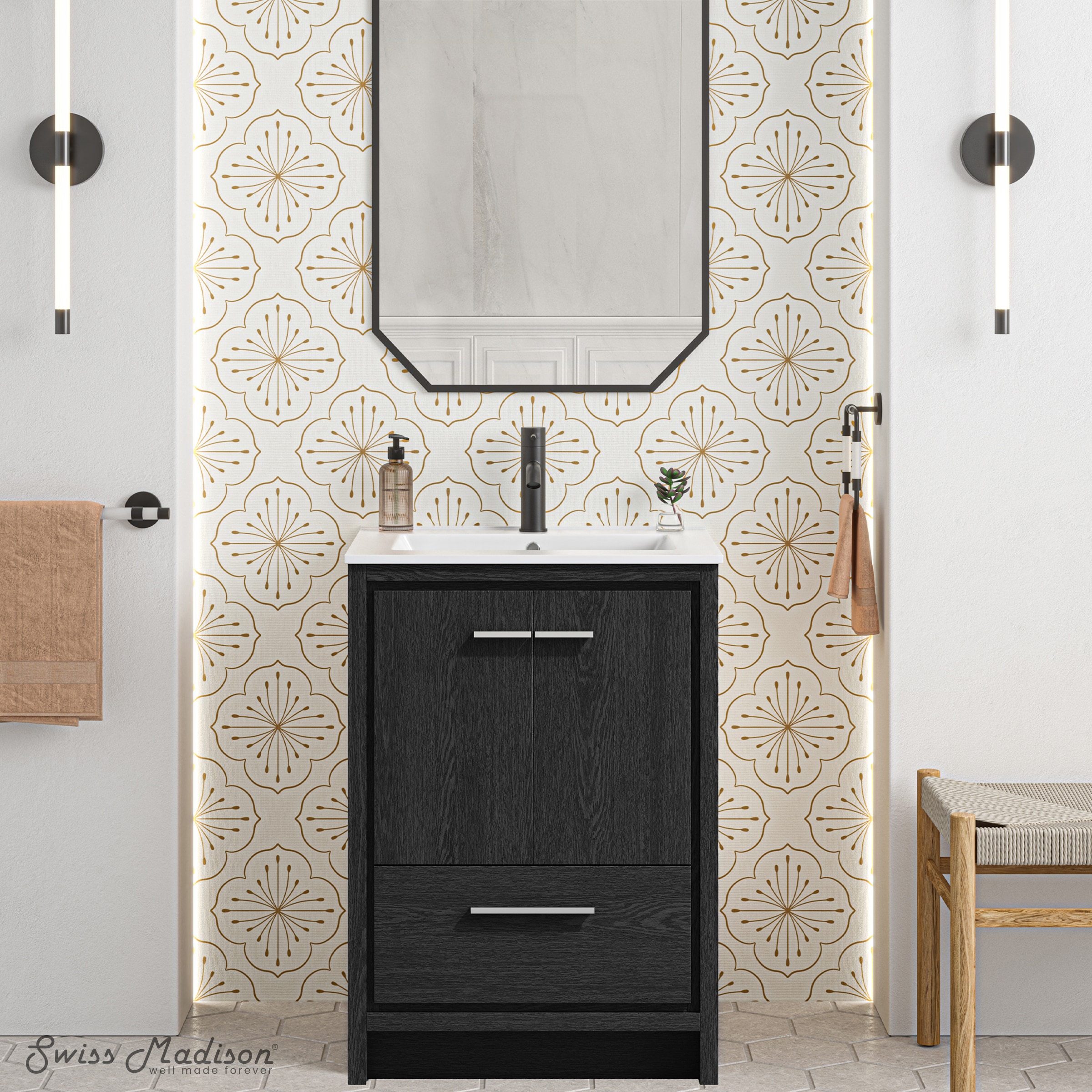 Swiss Madison - Tours 24-in Black Oak Single Sink Bathroom Vanity with White Ceramic Top