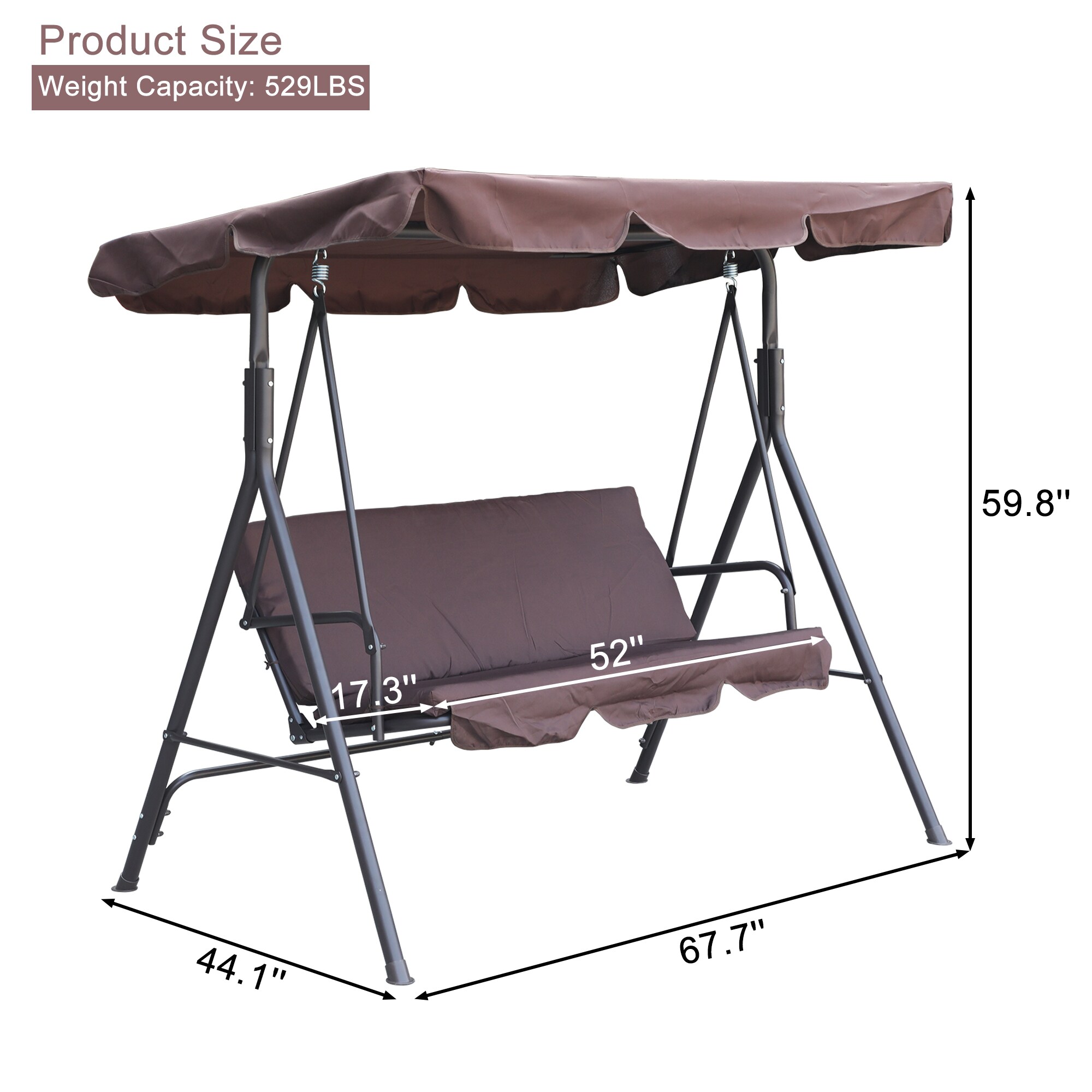 CASAINC 3-person Black Steel Outdoor Swing 3-person Brown Steel Outdoor ...