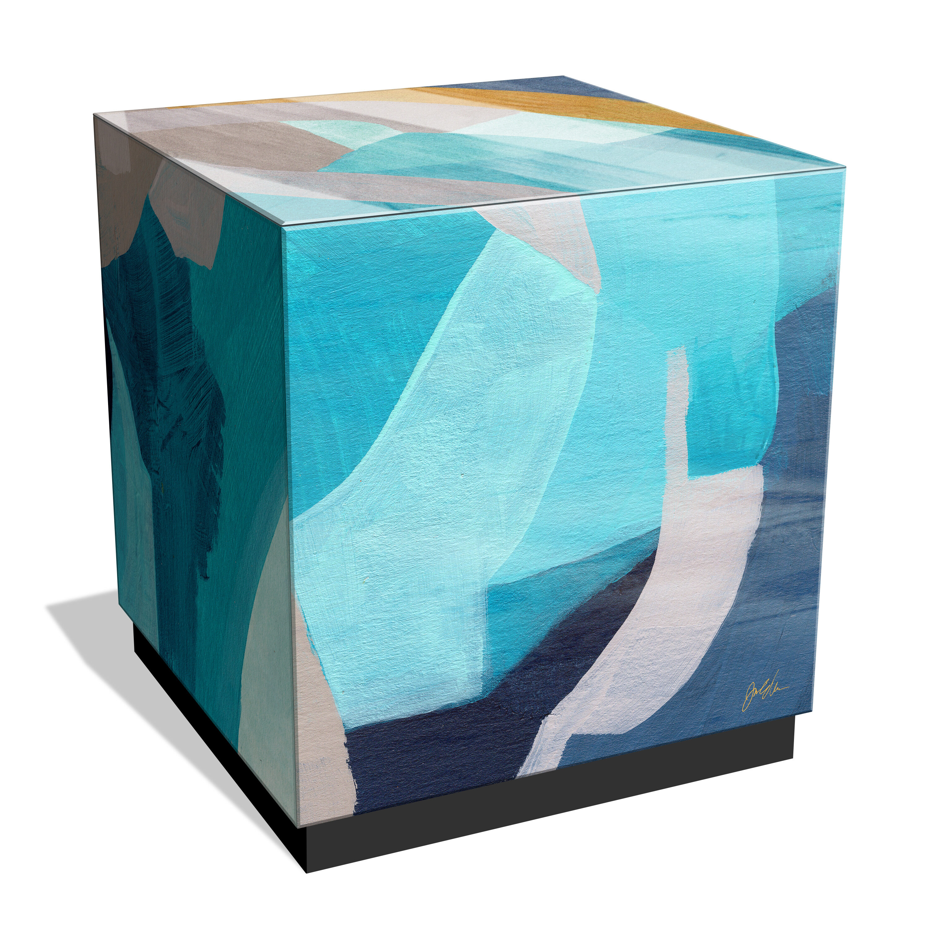 Slate and Cerulean Blue Art Glass Square Side Table with Black Plinth