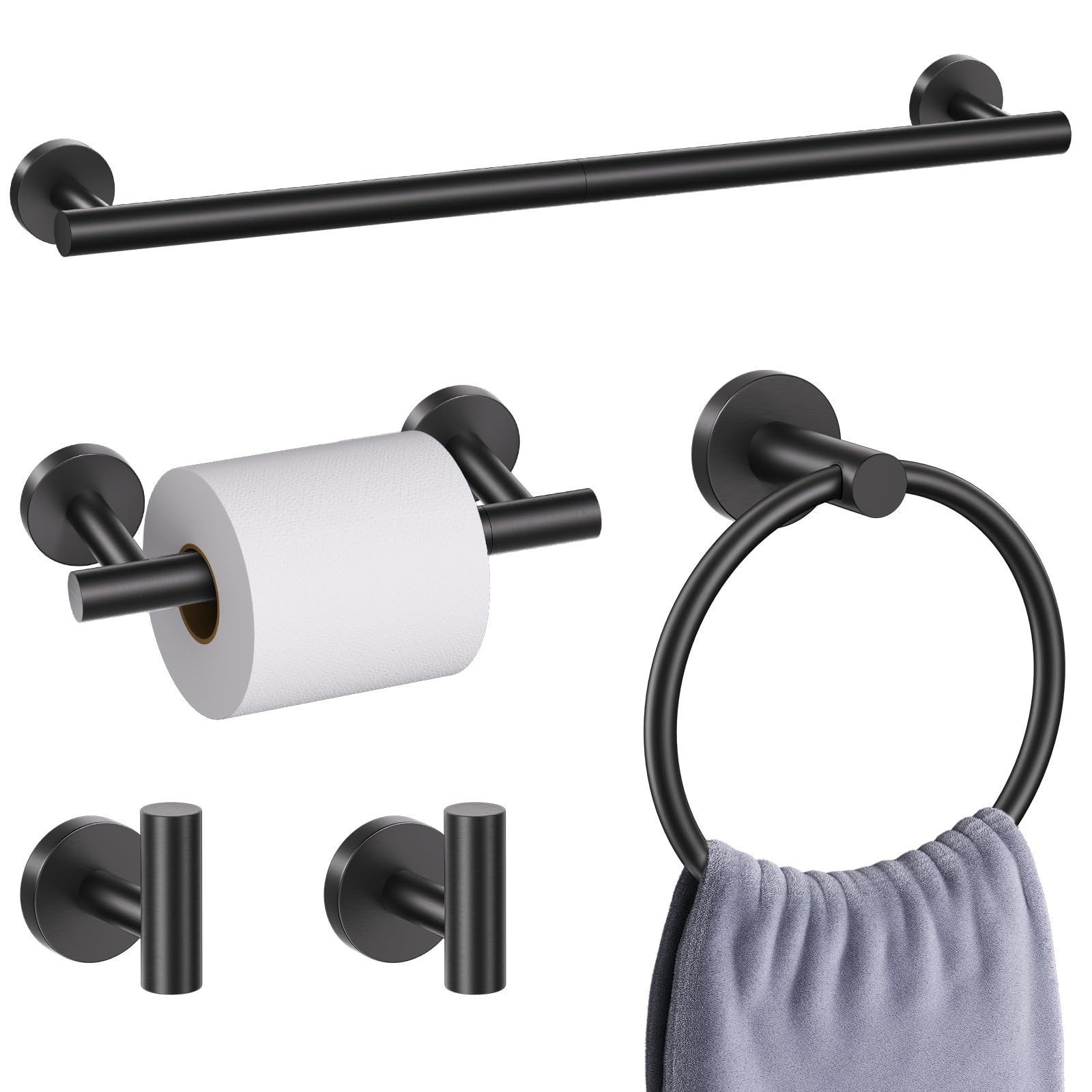 TNSO - Matte Black 5 Pieces A Matte Black Bathroom Hardware Set Stainless Steel Wall Mounted Towe...
