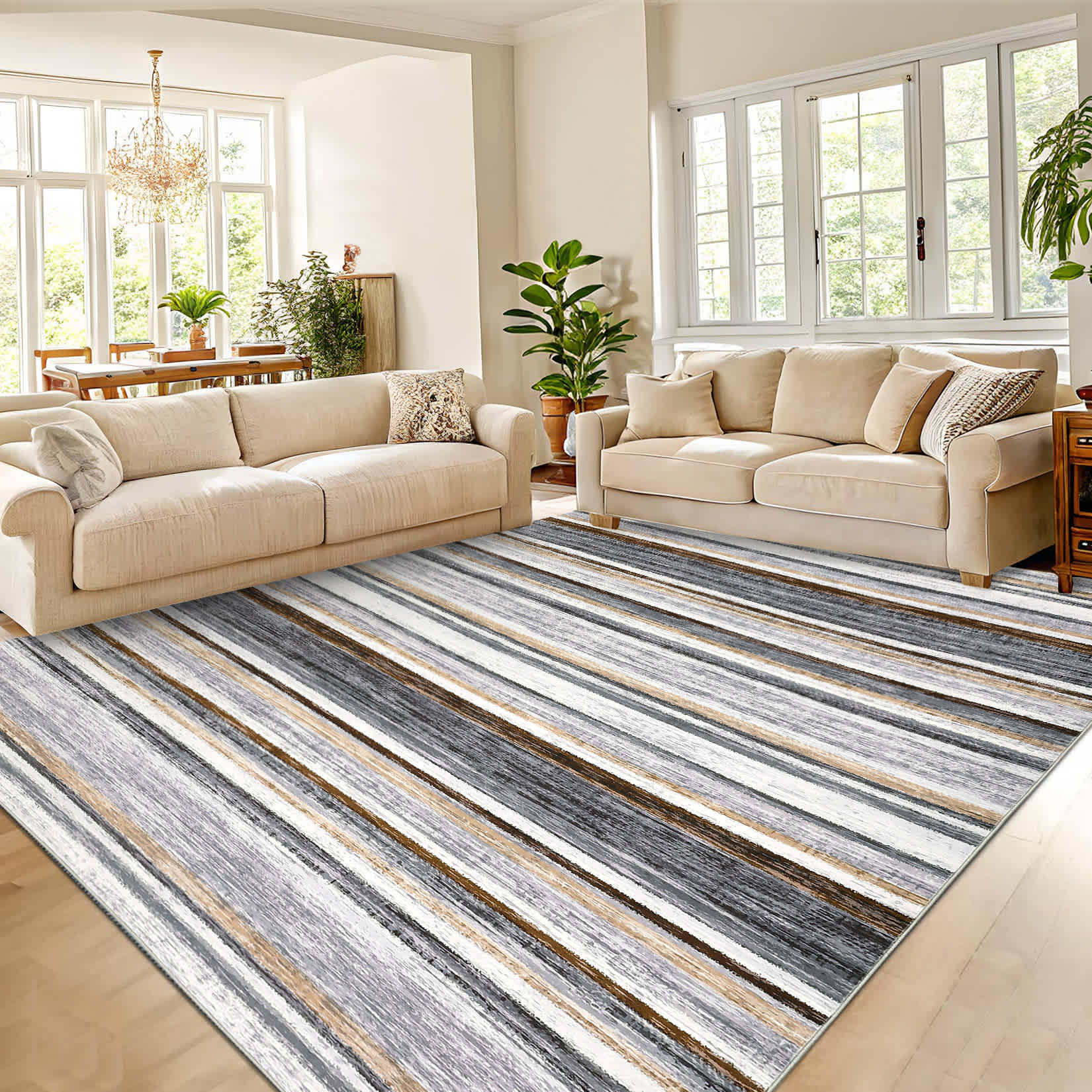Qeetex MIERUG-PHK-33K4S4L3 10 x 13 ft Polyester Grey Brown Rectangular Living Room Bedroom Dining Room Geometric Stripped Lines Soft Non Slip Modern Machine Washable Area Rug
