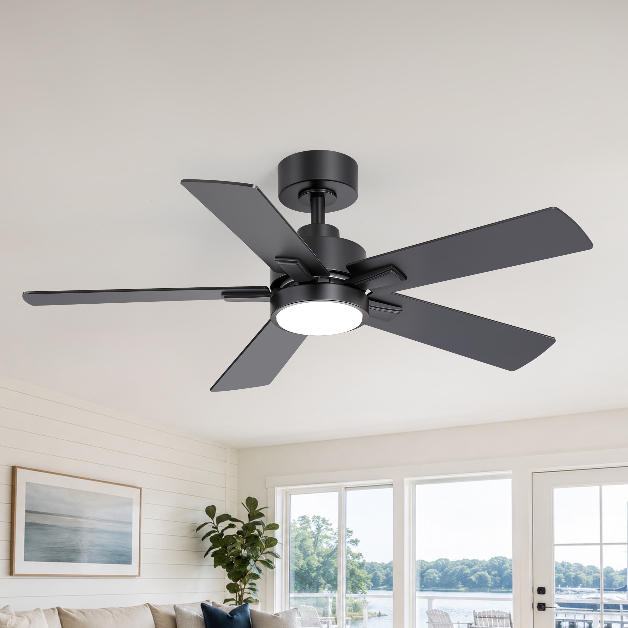 Flashwind - 52-in Black with Black MDF Blades Indoor Downrod Mount Ceiling Fan With Remote Contro...