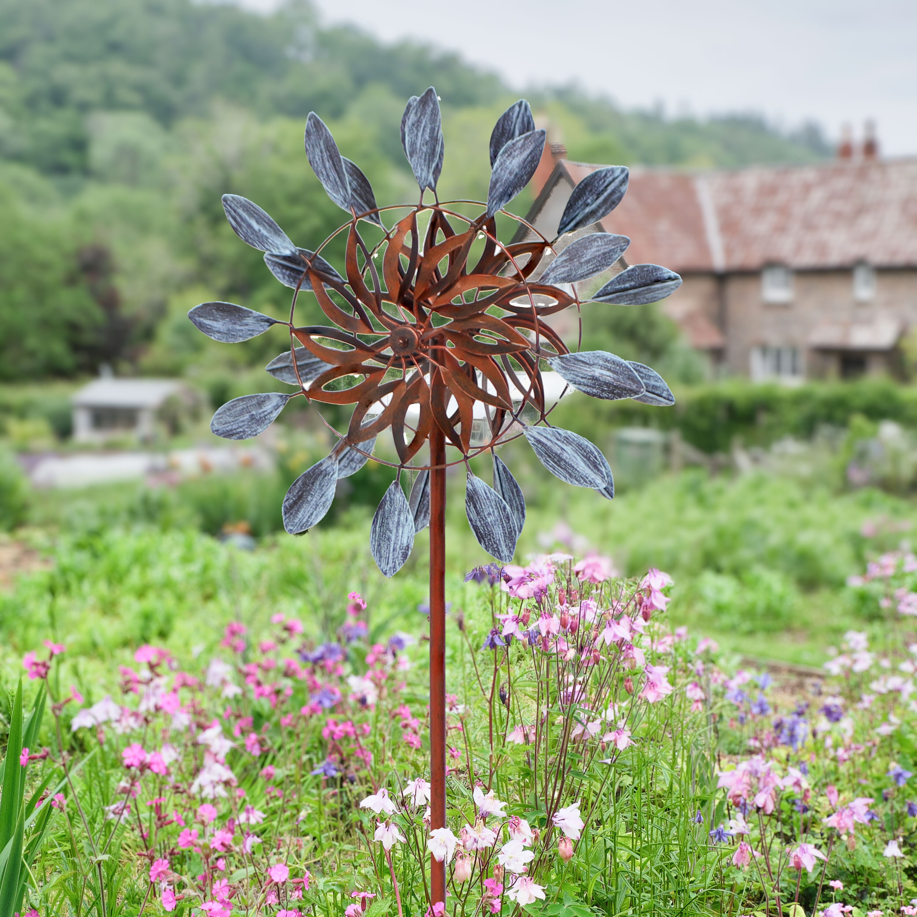 Blue and Brown Iron Dual-Blade Garden Wind Spinner
