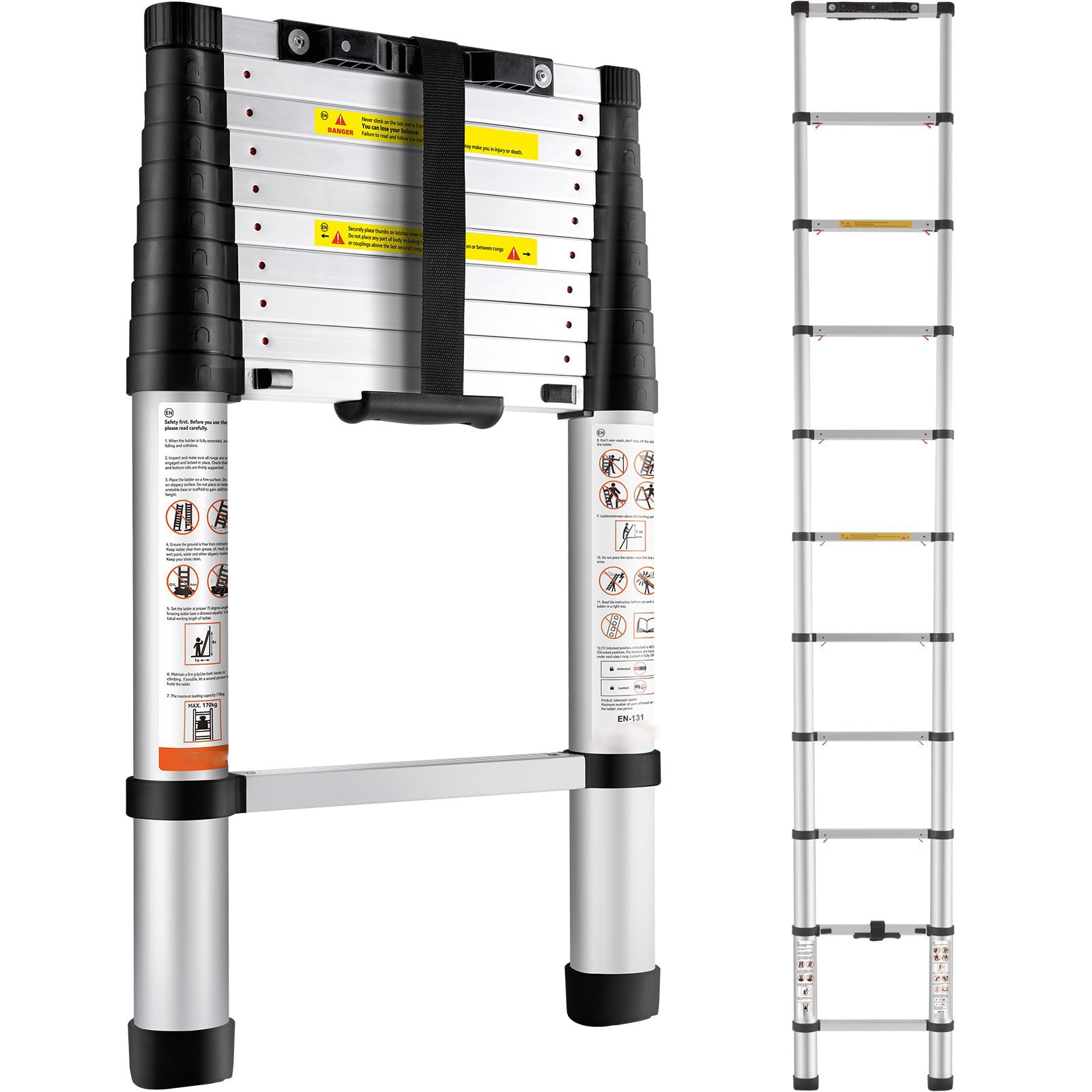 Mecale 10.5-ft Aluminum Telescoping Extension Ladder 375-lb ANSI Listed with One-Button Retraction