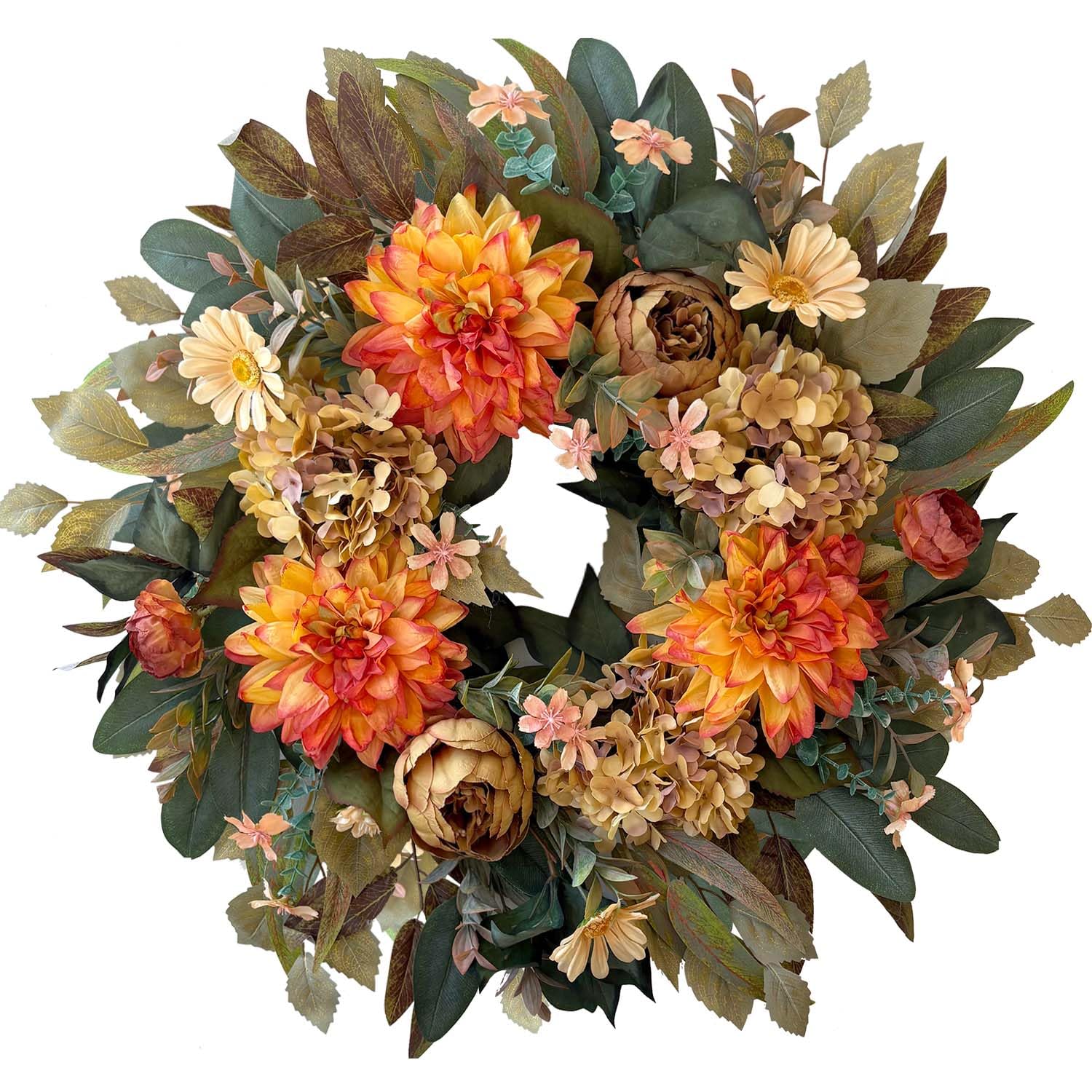 UUDULY  24 Inch Fall Wreath with Orange Hydrangea Peony and Yellow Dahlia for Front Door Autumn Harvest Decoration durable home and garden