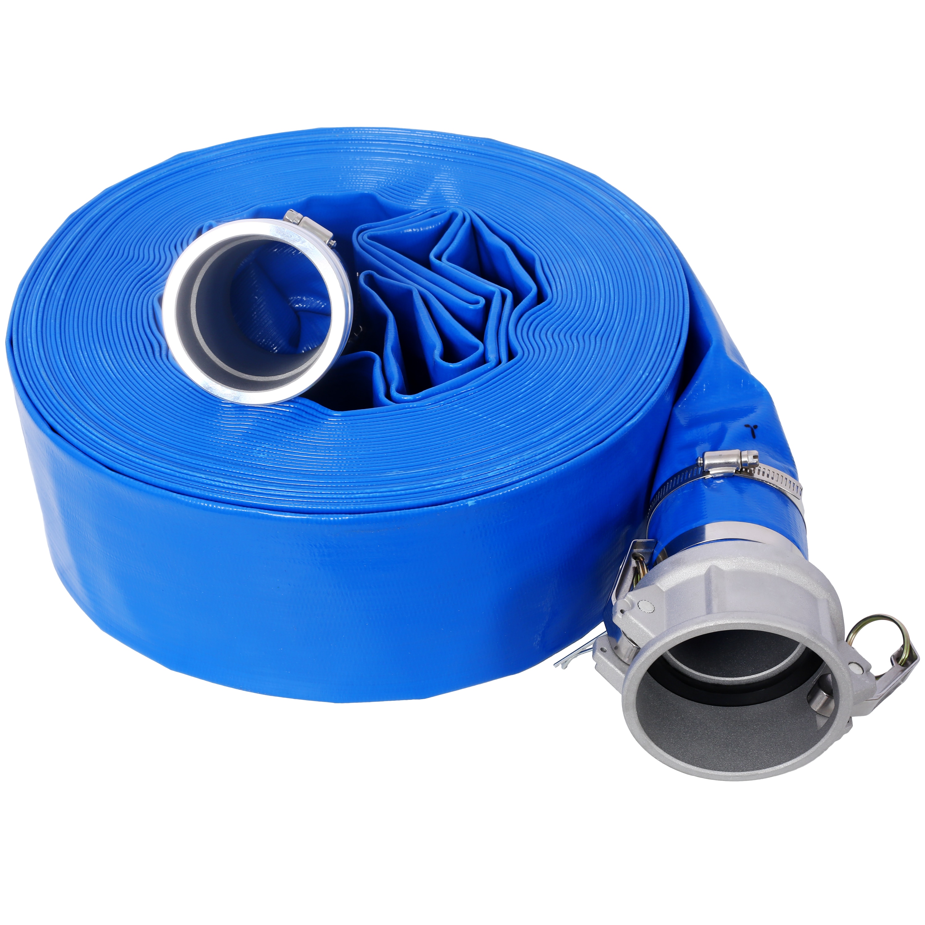 Tatayosi JJ203285 3 Inches X 100FT Pool Backwash Hose Heavy Duty Reinforced Blue PVC Lay Flat Water Discharge Pump Hoses For Swimming Drain Pools and Clean Filters with Aluminum Camlock C and E Fittings