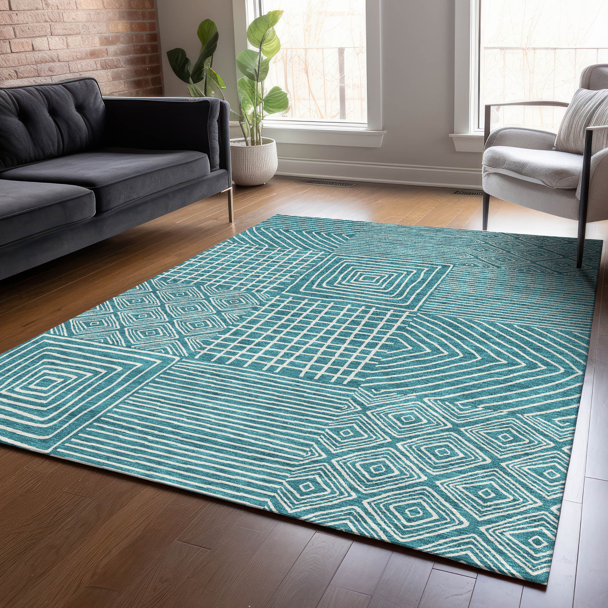 Addison Rugs ACN1044TE30X46 Chantille ACN1044TE 2 x 3 (ft) Polyester Teal Rectangular Indoor/Outdoor Geometric Machine washable Area rug