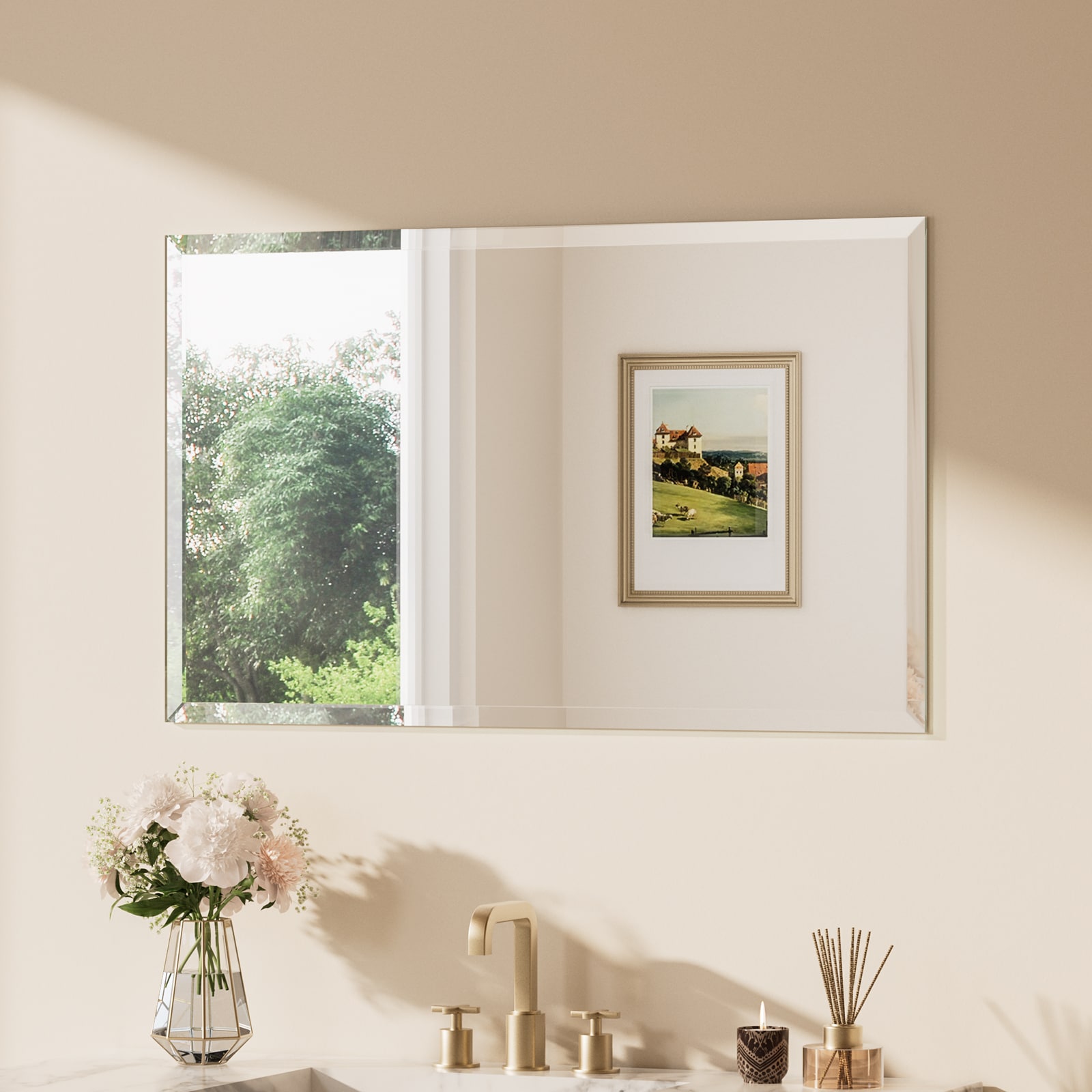 Keonjinn LW-WKJ-FJ-10161 Bathroom Mirrors 40-in W x 24-in H Rectangle Silver Beveled Frameless Wall Mirror