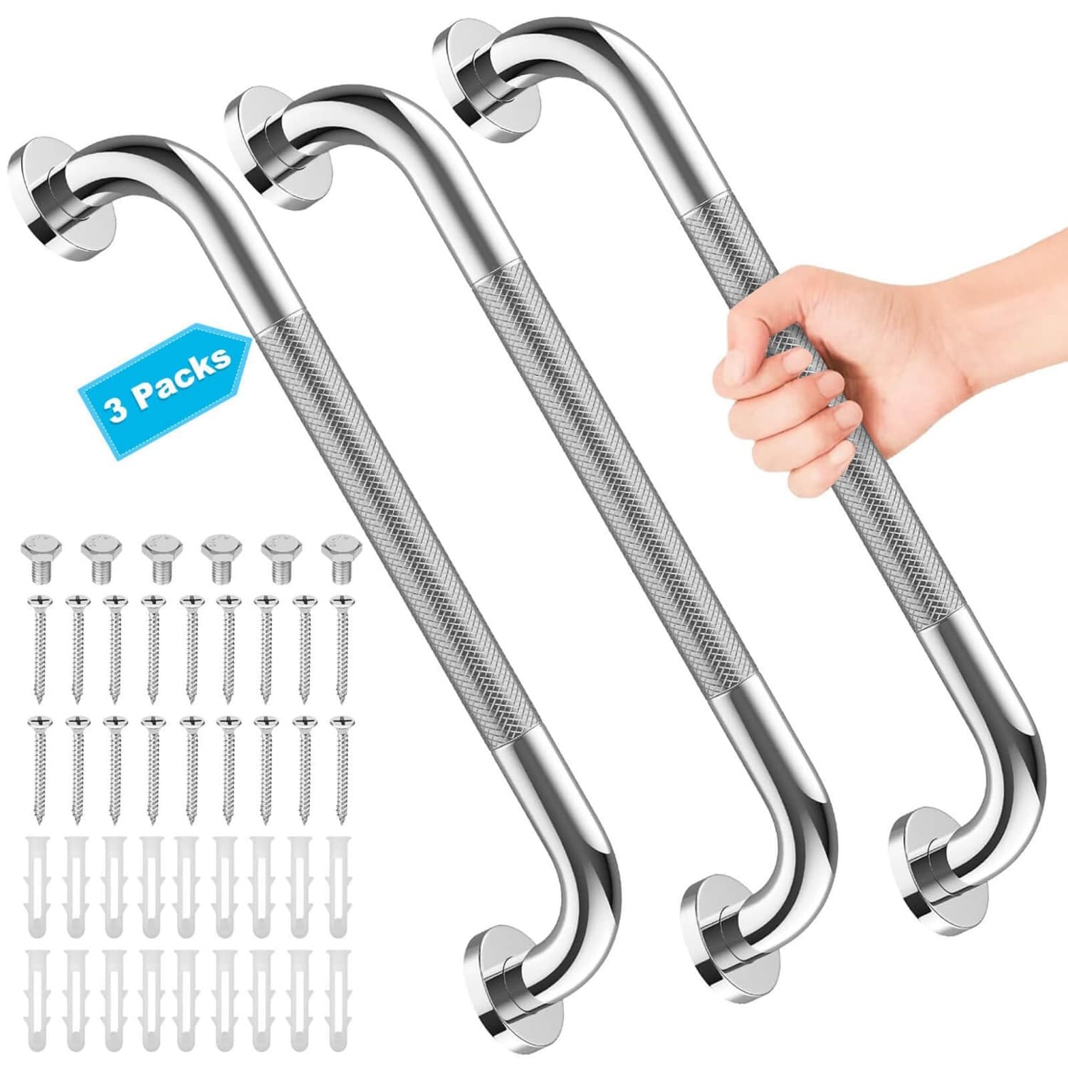 OGETFUUR 3 Packs 16-in Grab Bars for Shower Stainless Steel 500 Lbs 1-in Diameter Anti-slip Knurled Shower Handle for Seniors Disabled