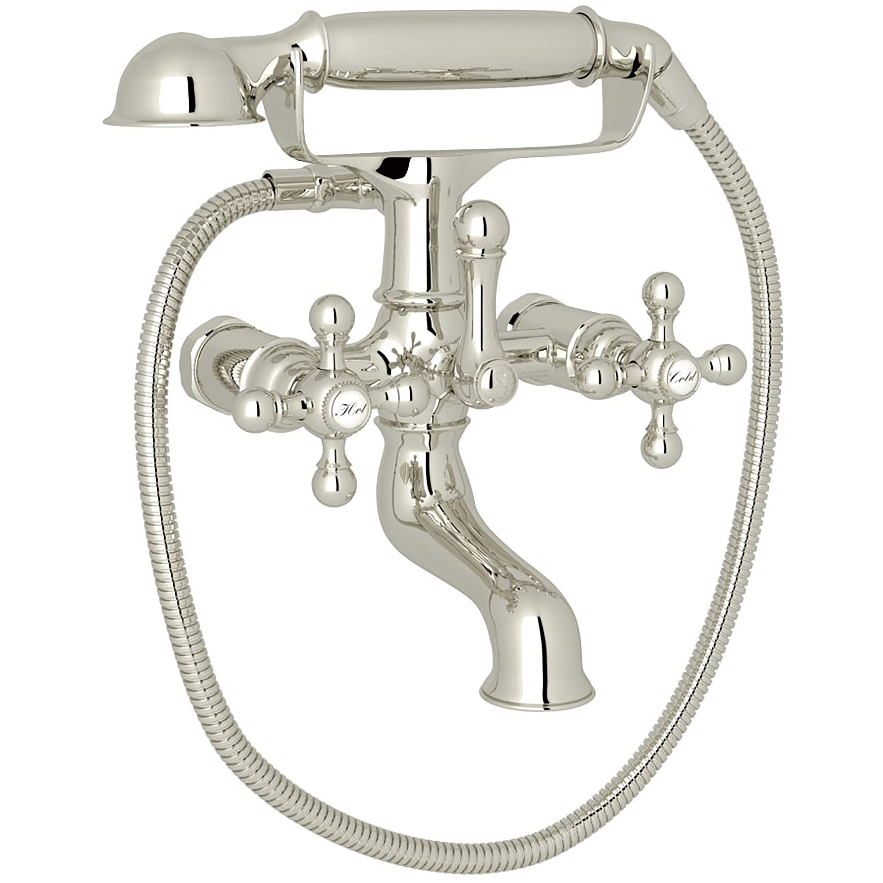Rohl AC7X-PN Polished Nickel 3-handle Wall-mount Mid-arc Bathtub Faucet with Hand Shower ( Valve Included )