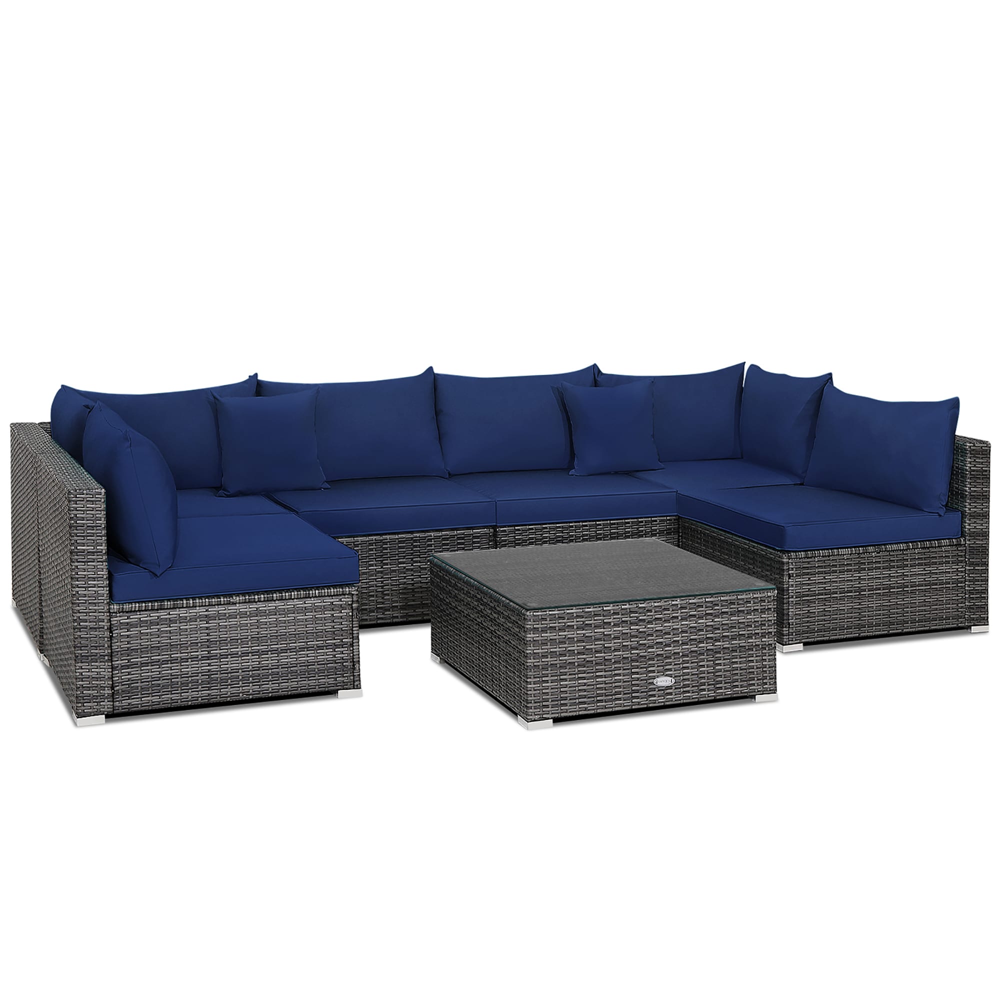 Costway HW70439NY+ 7 -Piece Rattan 2 Patio Sofa Conversation Set with Blue Cushions