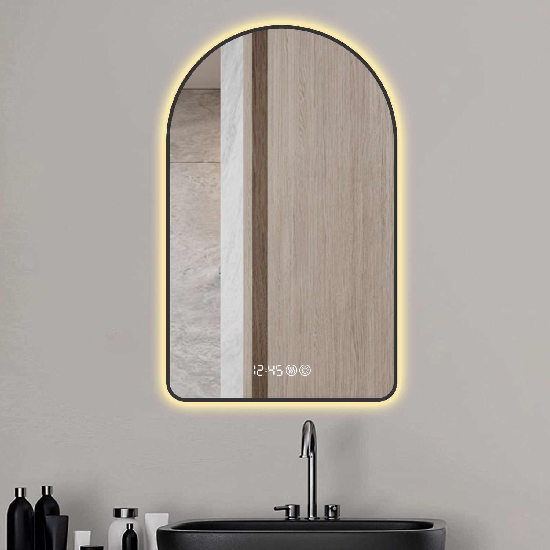 Blisstyle ZZZ1707UHTEUY PREMIUM 32-in x 60-in Polished Arch Dimmable LED Lighted Fog Free Bathroom Vanity Mirror ( Black )