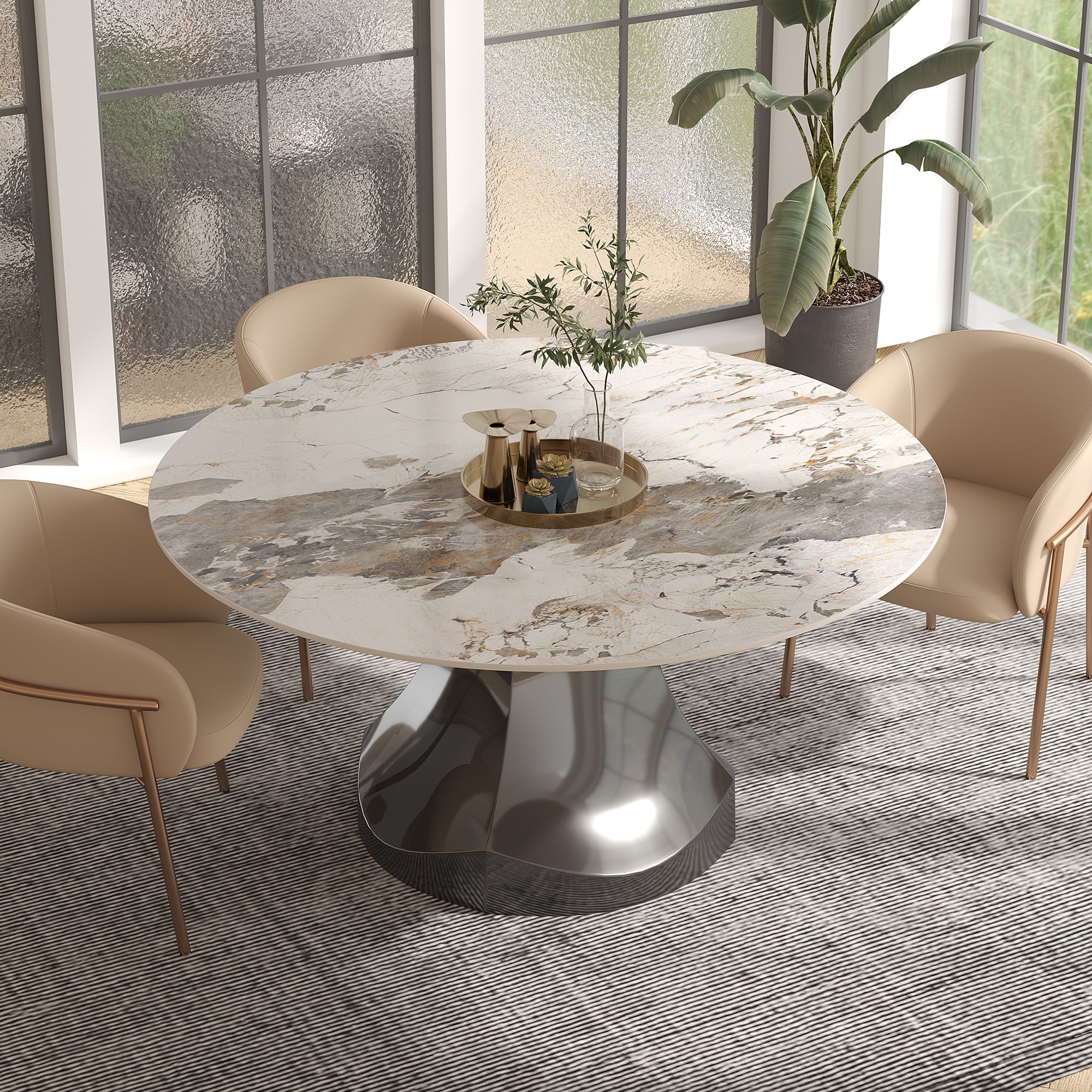  ZP7-694-135PDL Pandora Round Contemporary/Modern Dining Table, Marble with Gray Metal Pedestal Base 53.15-in L x 29.53-in H