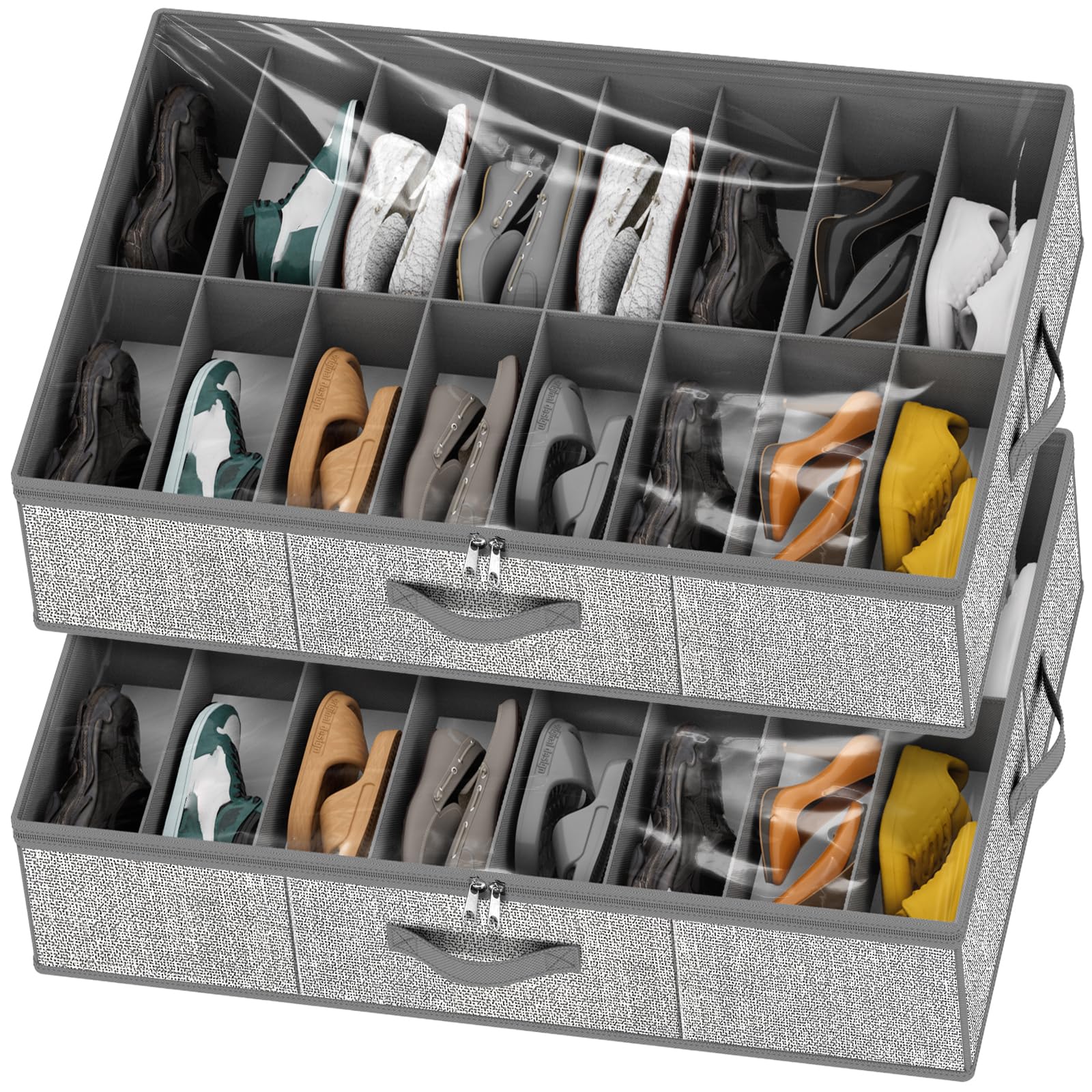 YICSAM Grey 32 Pairs Shoes 2 Pack Extra Large Under Bed Shoe Storage Organizer Set With Reinforced Handles Clear Window Foldable Space Saving Multi Purpose #5749848520619