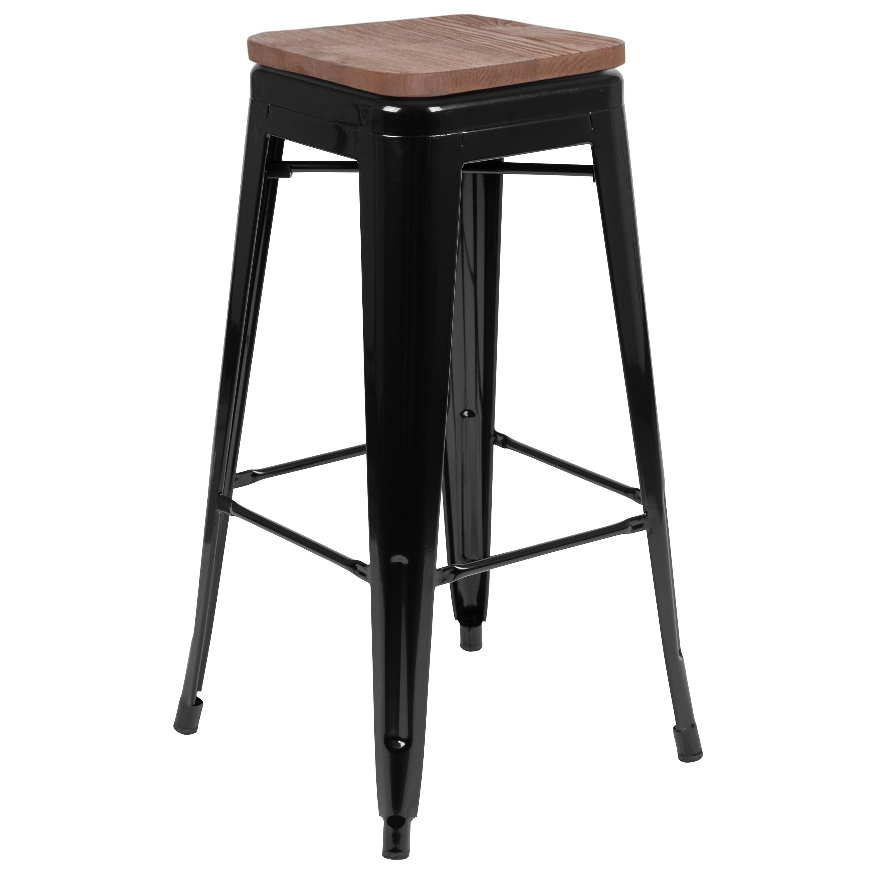 Industrial Chic 30" Stackable Black Metal and Wood Bar Stool, Set of 4