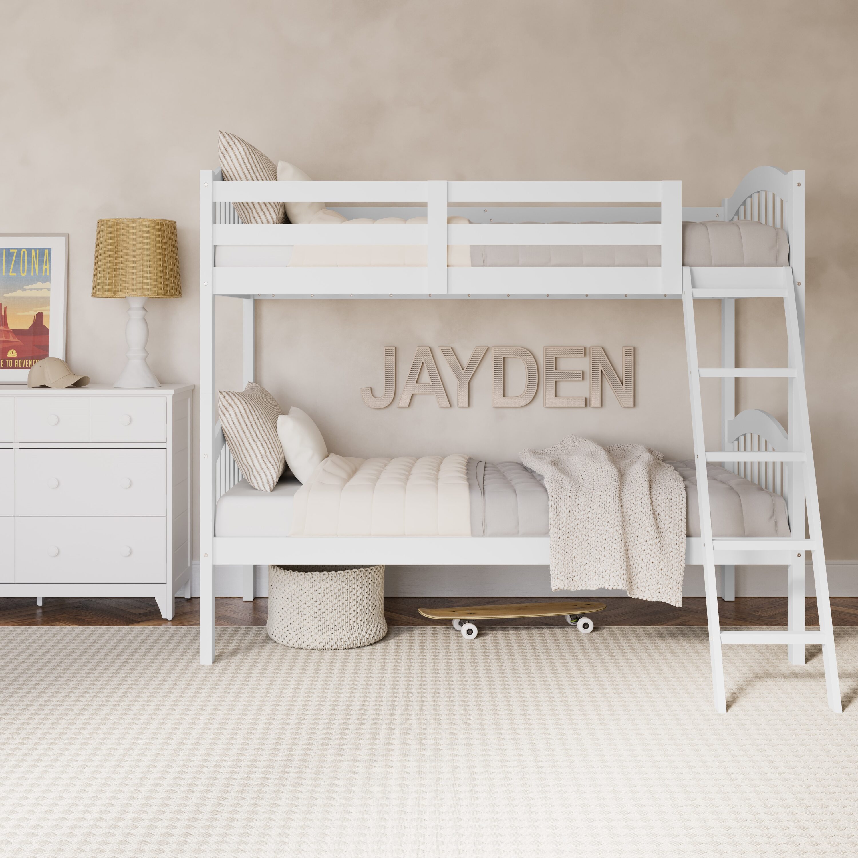 White Twin Mission Wood Bunk Bed with Headboard and Slats